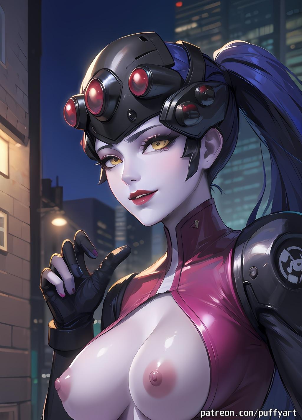 ai generated, big breasts, blue skin, bodysuit, breasts, breasts out, city, female, gloves, headgear, lipstick, long hair, looking at viewer, night, nipples, overwatch, ponytail, portrait, puffyart, widowmaker, yellow eyes