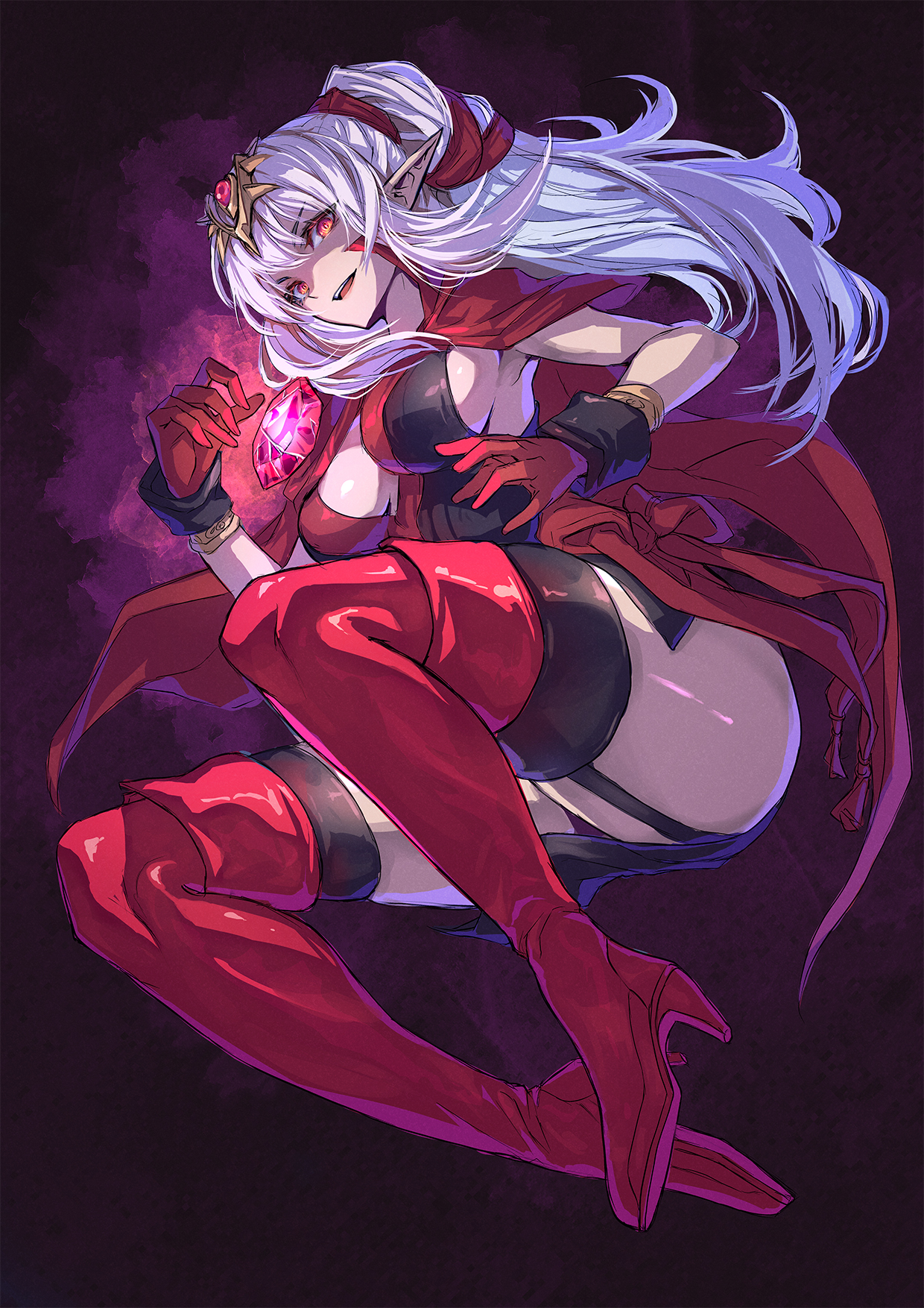 1girls, alternate costume, alternate hair color, ass, bare thighs, breasts, cape, cleavage, corruption, dress, female, female only, fire emblem, fire emblem awakening, garter straps, gloves, grima (fire emblem), hair ornament, hair ribbon, highres, jewelry, large breasts, long hair, looking at viewer, nintendo, panties, pantyshot, pointy ears, ponytail, possessed, possession, ribbon, shouma (bravespiritya), smile, solo, thick thighs, thighhighs, thighs, tiara, tiki (fire emblem), tiki (fire emblem) (adult), underwear, white hair