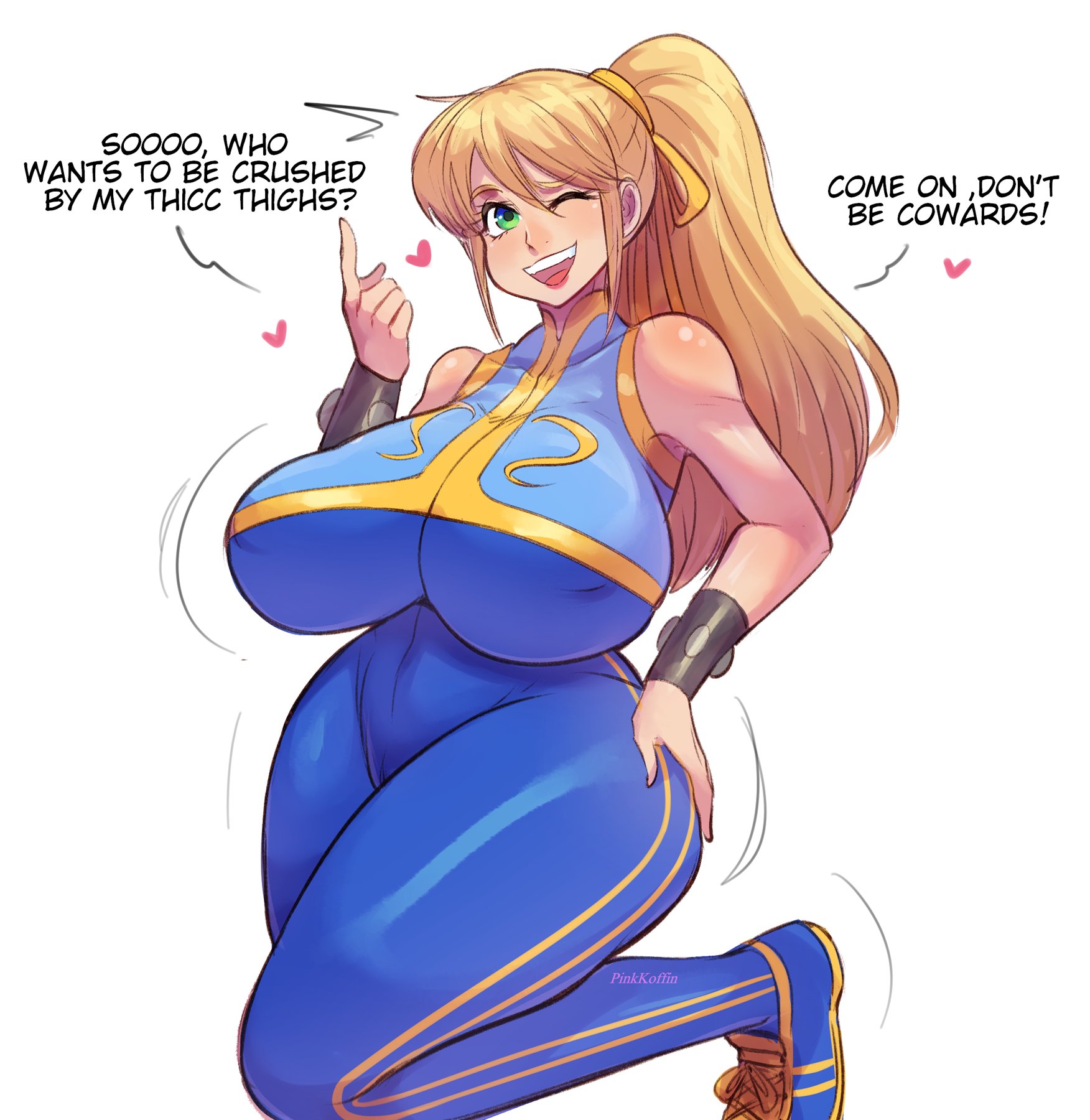 1girls, alternate breast size, asian clothing, blonde hair, breasts, capcom, chun-li (cosplay), cosplay, dialogue, english text, female, female only, fully clothed, hips, huge breasts, light skin, light-skinned female, long hair, metroid, nintendo, outfit swap, pinkkoffin, samus aran, solo, street fighter, text, thick thighs, thighs, white background, white female, wide hips