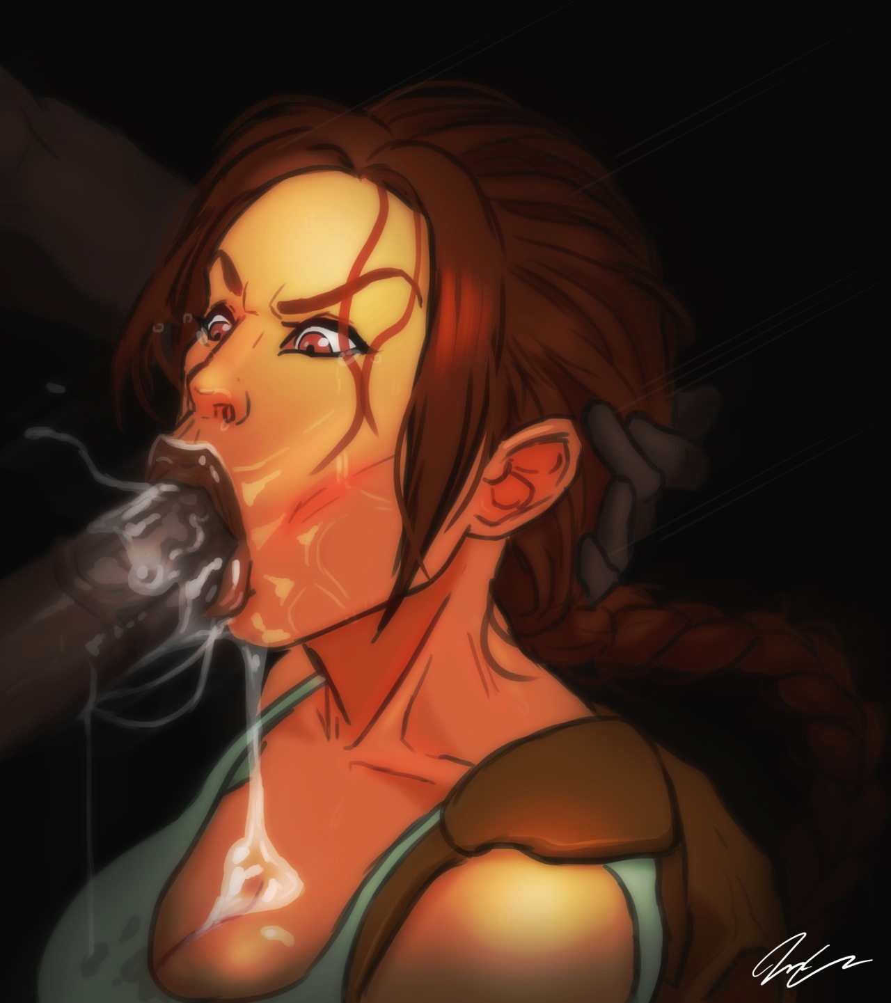 :>=, 1boy, 1girls, 2d, backpack, blowjob, blowjob face, braid, breasts, brown eyes, brown hair, cleavage, collarbone, dark skin, dark-skinned male, drool, drool on face, drool string, drooling, fellatio, female, female focus, interracial, lara croft, lara croft (classic), leotard, light skin, light-skinned female, lipstick, long hair, male, oral, oral penetration, oral sex, passionate fellatio, penis, penis in mouth, pumpkinsinclair, saliva, saliva drip, saliva on breasts, saliva on penis, saliva string, saliva trail, sucking, sucking penis, tears, tomb raider, tomb raider (classic), tribal, tribal male, tribesman, unseen male face
