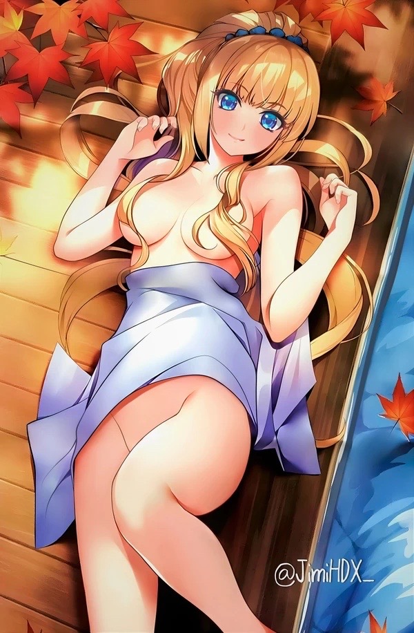 bath_towel blonde_hair blue_eyes classroom_of_the_elite flower flowers hair_covering_breasts hair_covering_nipples hands_up jimihdx karuizawa_kei naked nipples_covered smile smiling towel towel_around_waist youkoso_jitsuryoku_shijou_shugi_no_kyoushitsu_e