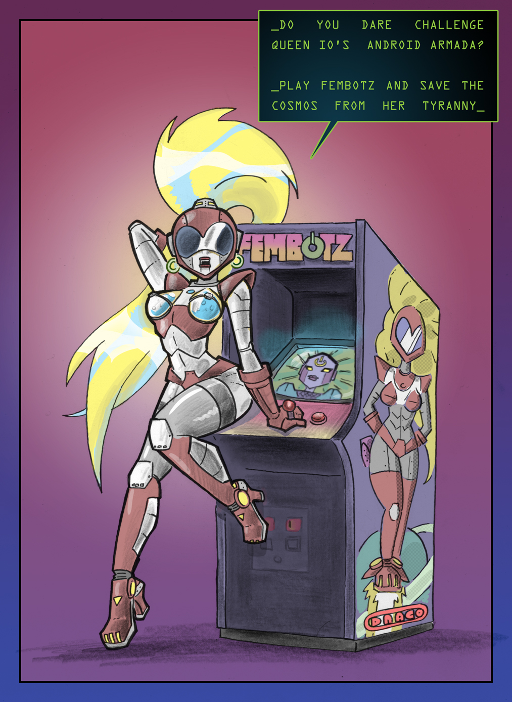 arcade ass_expansion brainwashing breast_expansion cybernetic_corruption cybernetic_transformation english_text eye_color_change female heeled_feet high_heels identity_death mr-dna post_transformation robot_girl robotization skin_color_change tech_control text transformation video_games