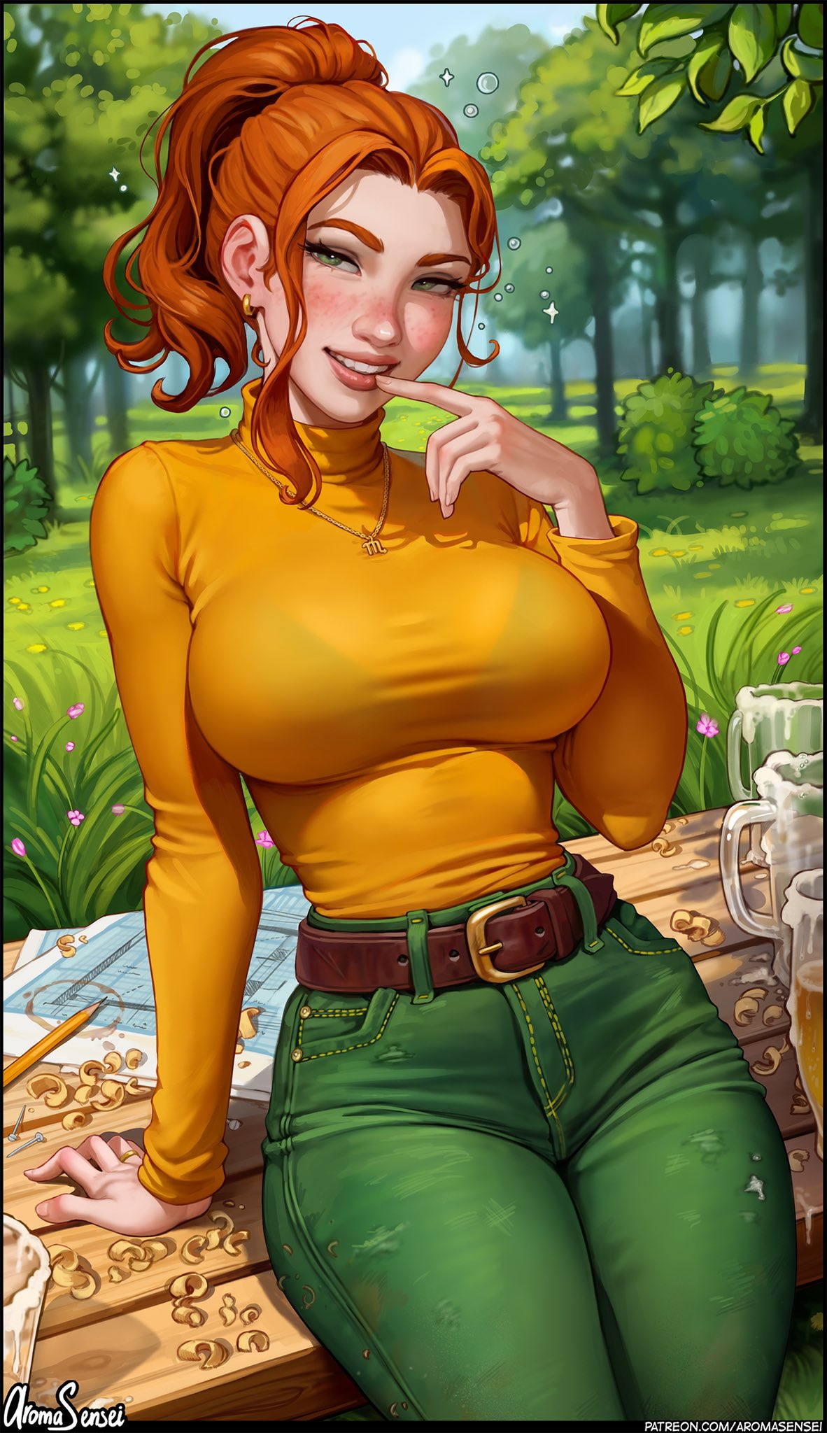 1girls, alternate version available, aroma sensei, ass, big ass, big breasts, breasts, busty, curvaceous, curvy, curvy figure, digital media (artwork), eyebrows, eyelashes, eyes, female, female focus, fit, fit female, hair, hips, hourglass figure, human, jeans, large breasts, legs, light skin, light-skinned female, lips, mature, mature female, robin (stardew valley), stardew valley, thick, thick legs, thick thighs, thighs, tight pants, top heavy, upper body, voluptuous, waist, wide hips