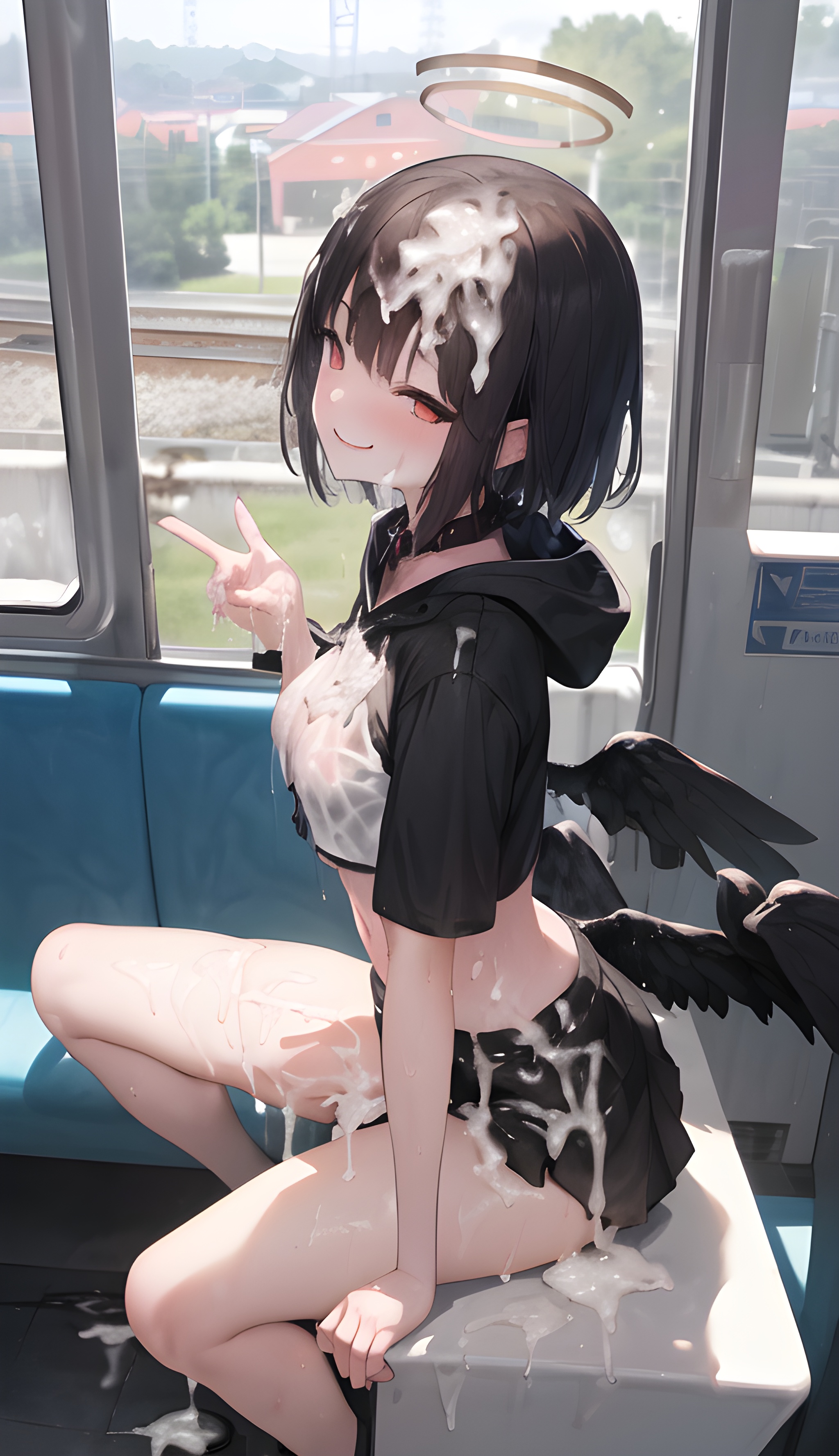 1girls, after sex, ai generated, bare legs, black hair, breasts, choker, collar, cum, cum on body, cum on face, cum on hair, cum on lower body, exhibitionism, female, halo, hoodie, medium breasts, midriff, miniskirt, peace sign, red eyes, short hair, side view, smile, wet clothes, wings