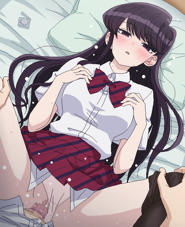 bed black_hair blush bow bowtie censored clothed_sex condom condom_wrapper female indoors komi-san_wa_komyushou_desu komi_shouko long_hair lying mosaic_censoring panties panties_aside panty_pull pantyhose pink_panties pussy safe_sex school_uniform sex spread_legs straight sweat tomu_(tomubobu) underwear vaginal_penetration