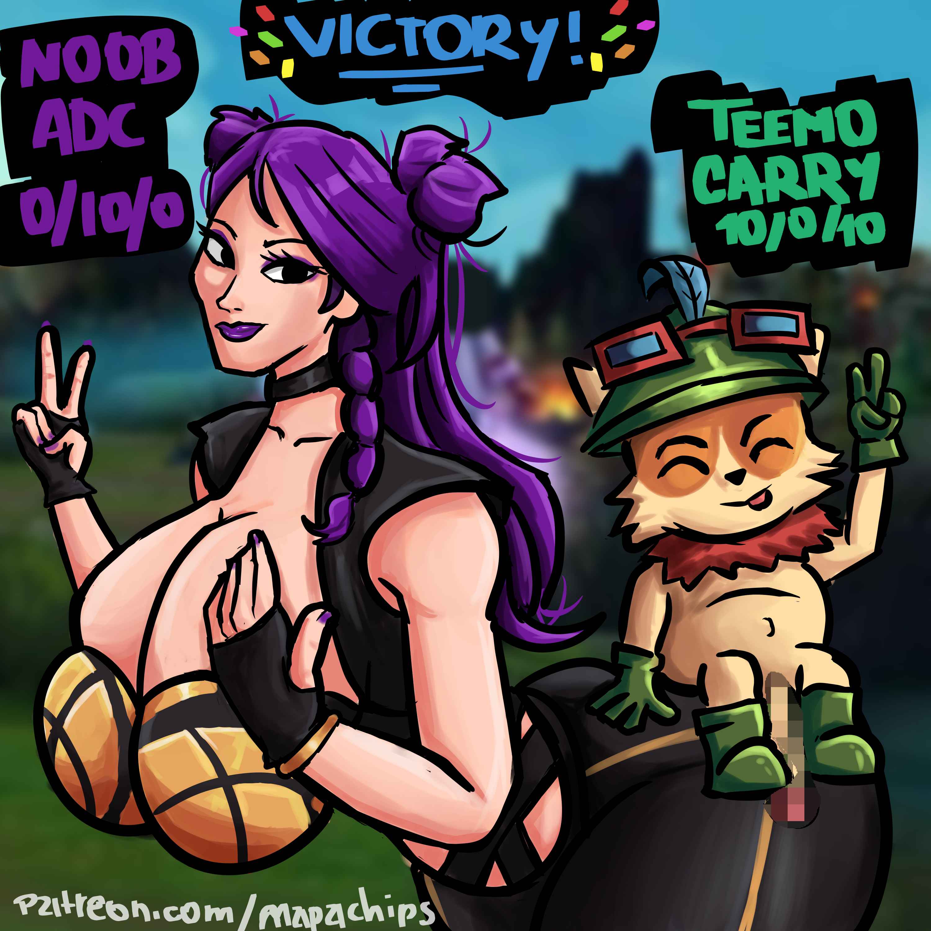1boy, 1girls, ass, background, big ass, big breasts, big butt, big penis, breasts, censored, clothed, female, k/da kai'sa, k/da series, kai'sa, kill/death/assist, league of legends, lipstick, male, mapachips, nail polish, peace sign, penis, purple lipstick, purple nails, teemo, v, yordle
