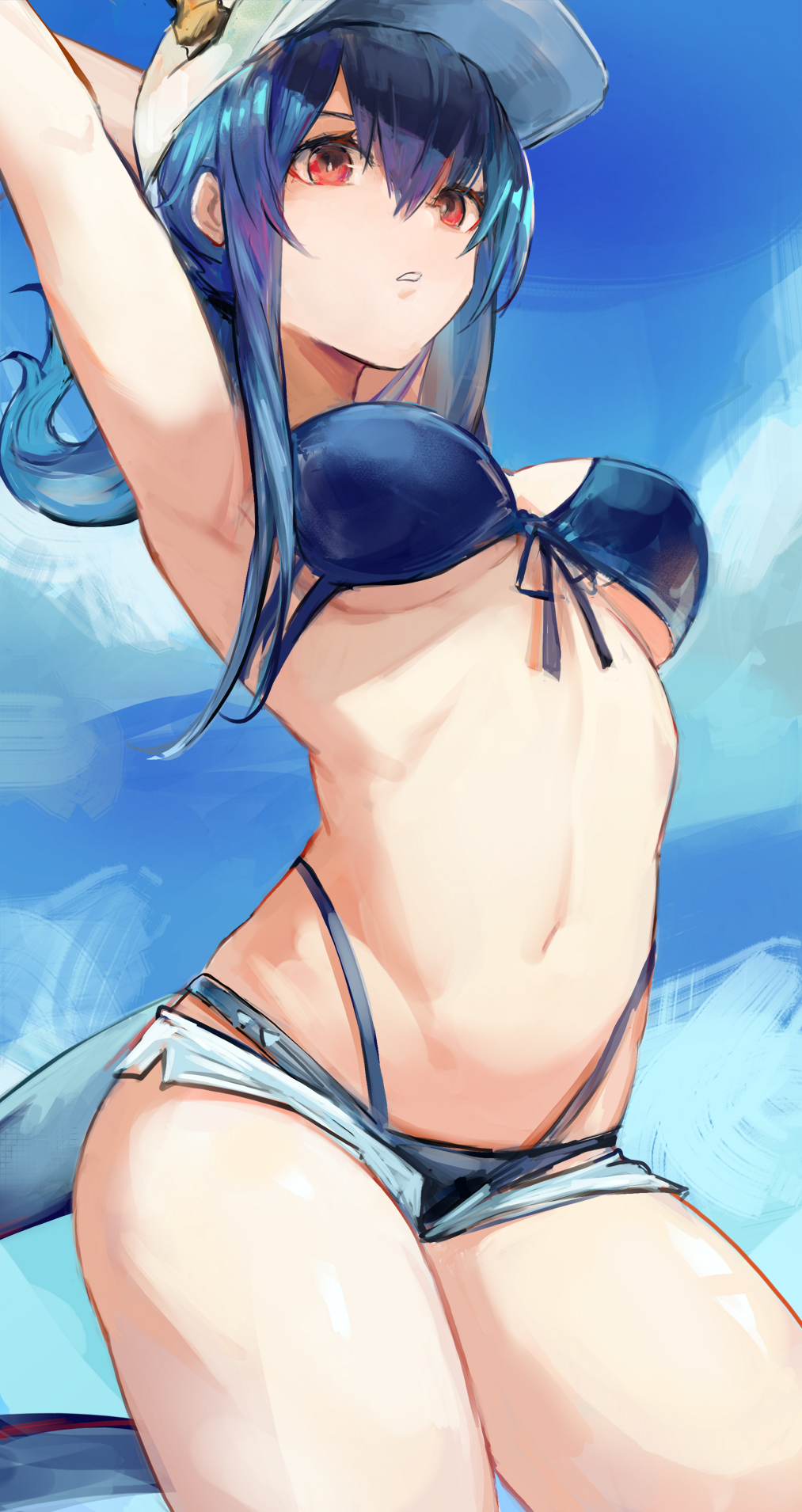 1girls 2023 arknights bare_arms bare_legs bare_midriff bare_thighs belly bikini blue_hair breasts ch'en_(arknights) g-nai hair_between_eyes midriff ponytail red_eyes simple_background solo standing swimsuit swimwear tail