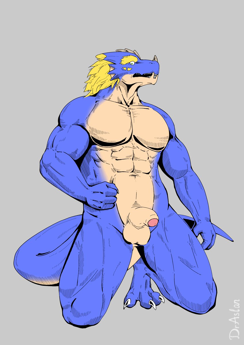 4_fingers anthro blonde_hair blue_body breasts claws digital_media_(artwork) dragon draslan fingers genitals green_eyes hair hi_res male muscular muscular_anthro muscular_male nude penis scalie simple_background solo tail