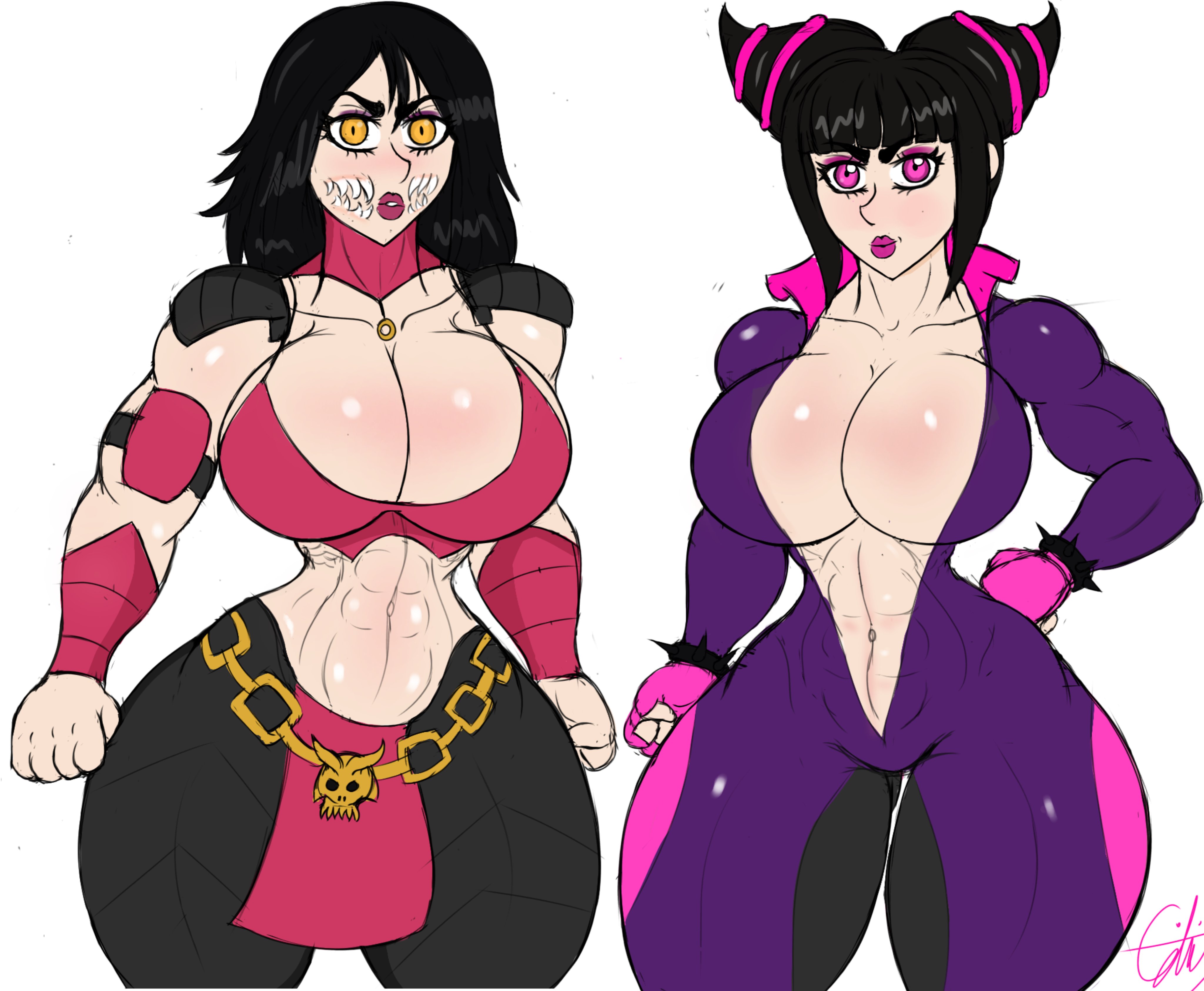 2girls, artist request, big breasts, bodysuit, breasts, crossover, female, female only, juri han, looking at viewer, mileena, mortal kombat, mortal kombat x, muscular, muscular female, street fighter, white background