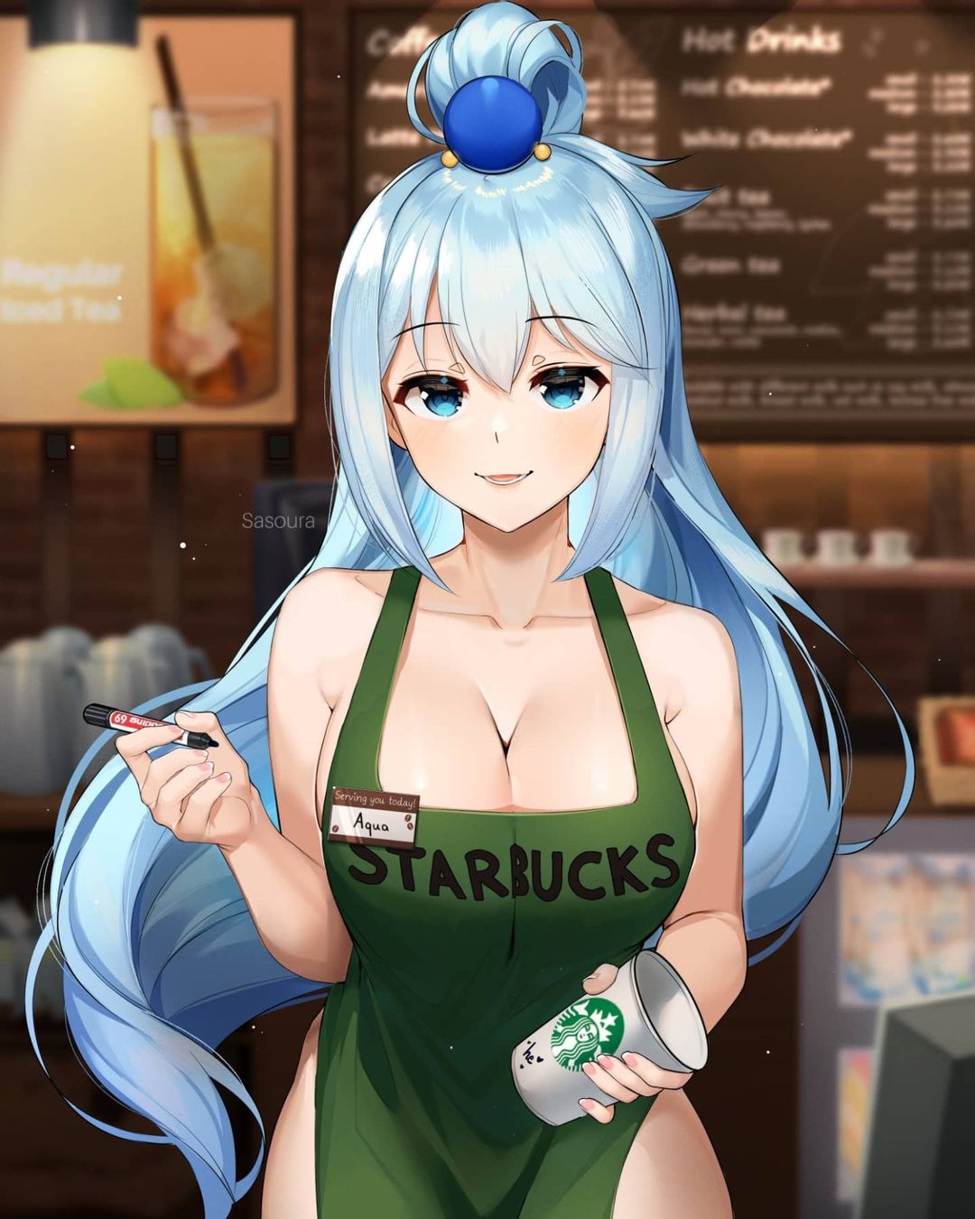 apron apron_only aqua_(konosuba) big_breasts blue_eyes blue_hair coffee coffee_cup curvy_figure detailed_background female female_only green_apron iced_latte_with_breast_milk kono_subarashii_sekai_ni_shukufuku_wo! long_hair shiny solo_female starbucks thighs