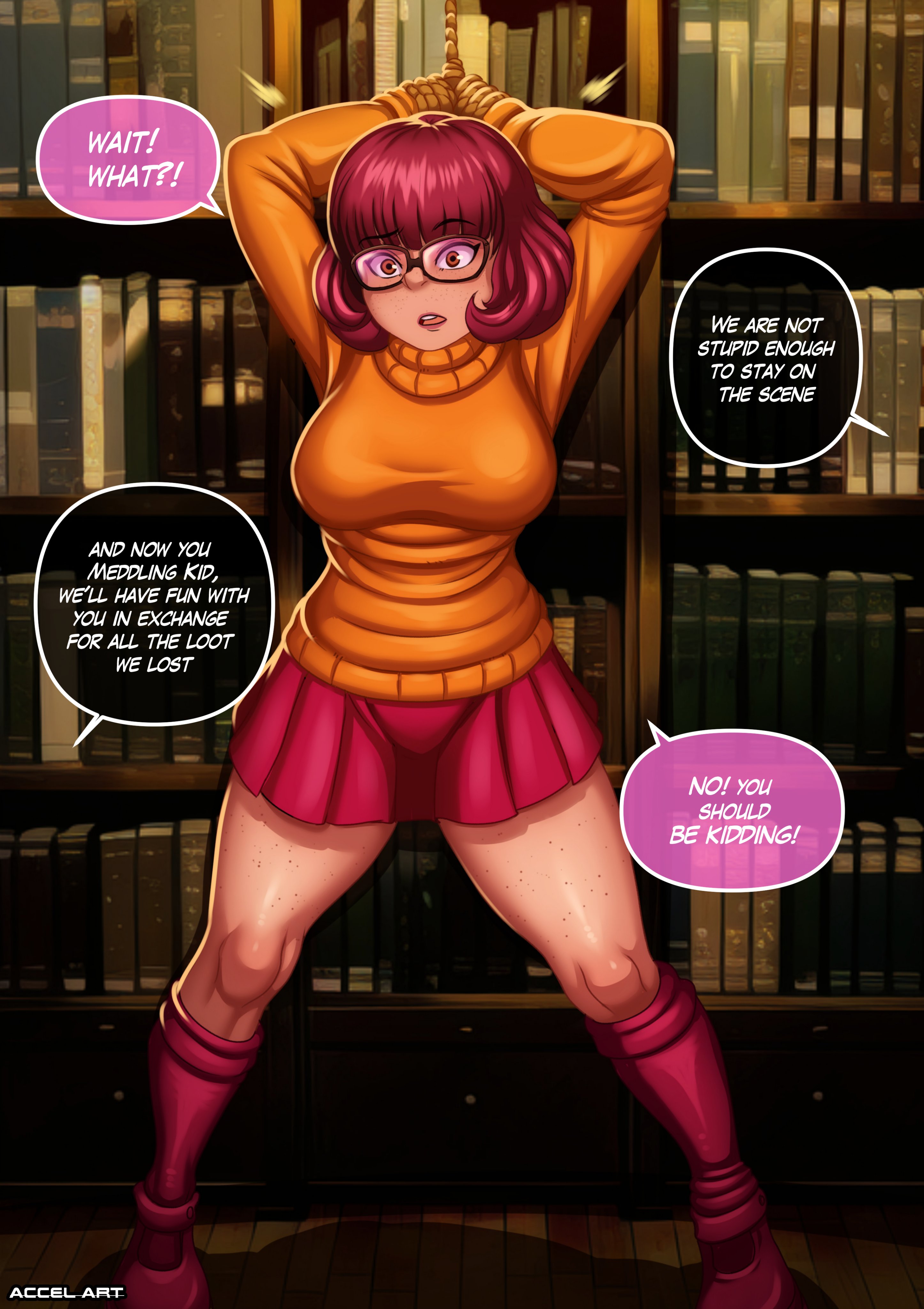 accelart, big breasts, bondage, breasts, brown eyes, brown hair, busty, female, female focus, glasses, hanna-barbera, hourglass figure, large breasts, nerd, nerdy female, scooby-doo, short hair, signature, speech bubble, tagme, text, velma dinkley, wide hips