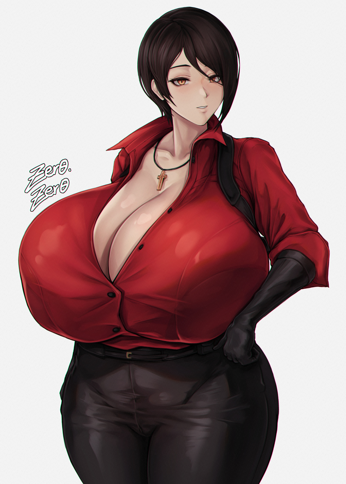 1girls, ada wong, ada wong (ty brenneman), alternate breast size, artist signature, black gloves, breasts, brown hair, capcom, cleavage, female, gigantic breasts, gloves, hips, light skin, light-skinned female, resident evil, resident evil 6, short hair, simple background, thick thighs, thighs, tight clothing, voluptuous, wide hips, zer0artzer0