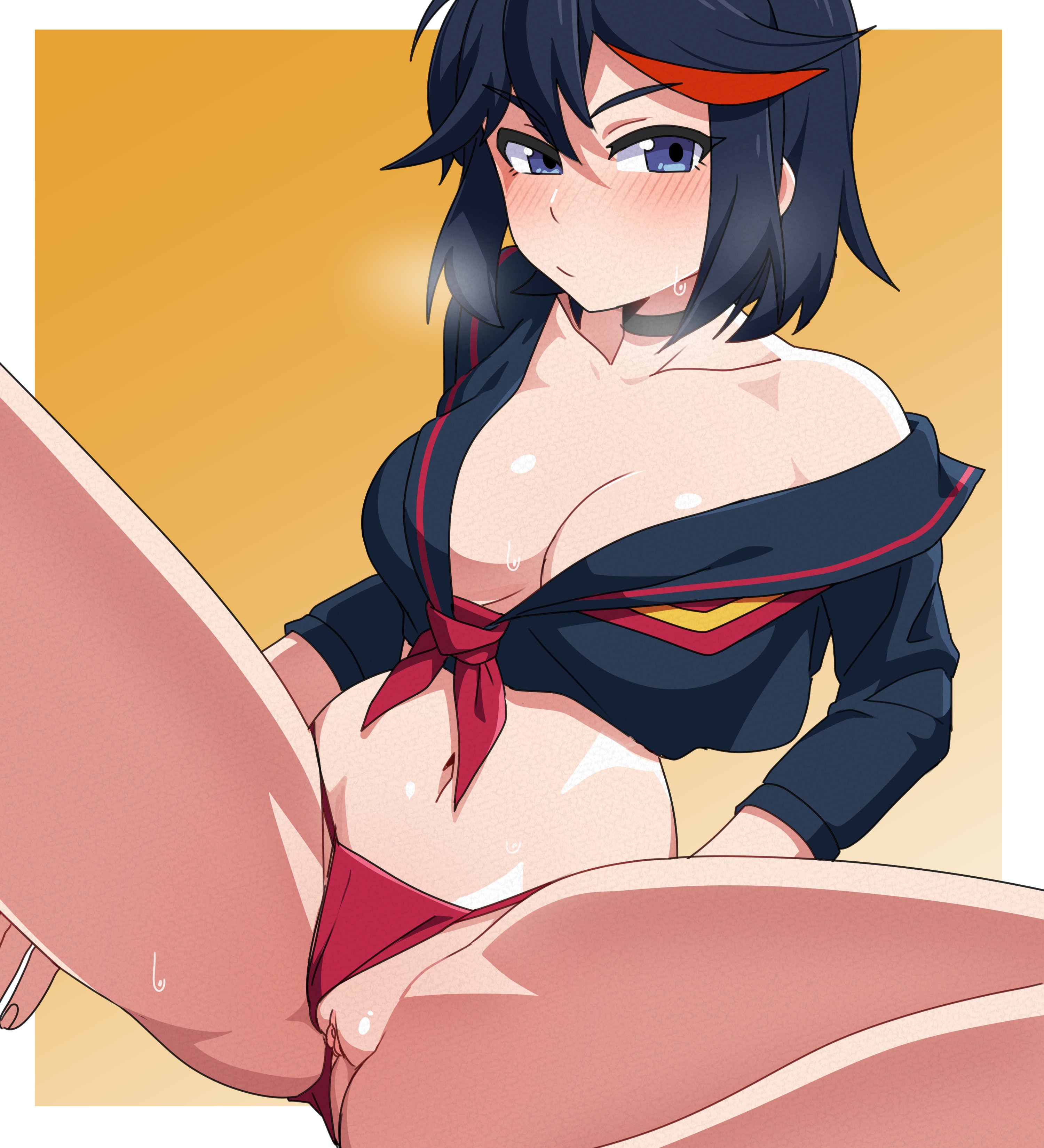 1girls, absurd res, ariel lopez, arilopez550, ass visible through thighs, big breasts, black hair, black-haired female, blue eyes, blush, breasts, choker, female, female focus, fit, fit female, hi res, kill la kill, light skin, light-skinned female, looking at viewer, matoi ryuuko, open clothes, panties, panties aside, partially clothed, presenting pussy, pussy, shaved pussy, short hair, simple background, solo, solo female, spread legs, steam, steaming body, sweat, thick thighs, thighs
