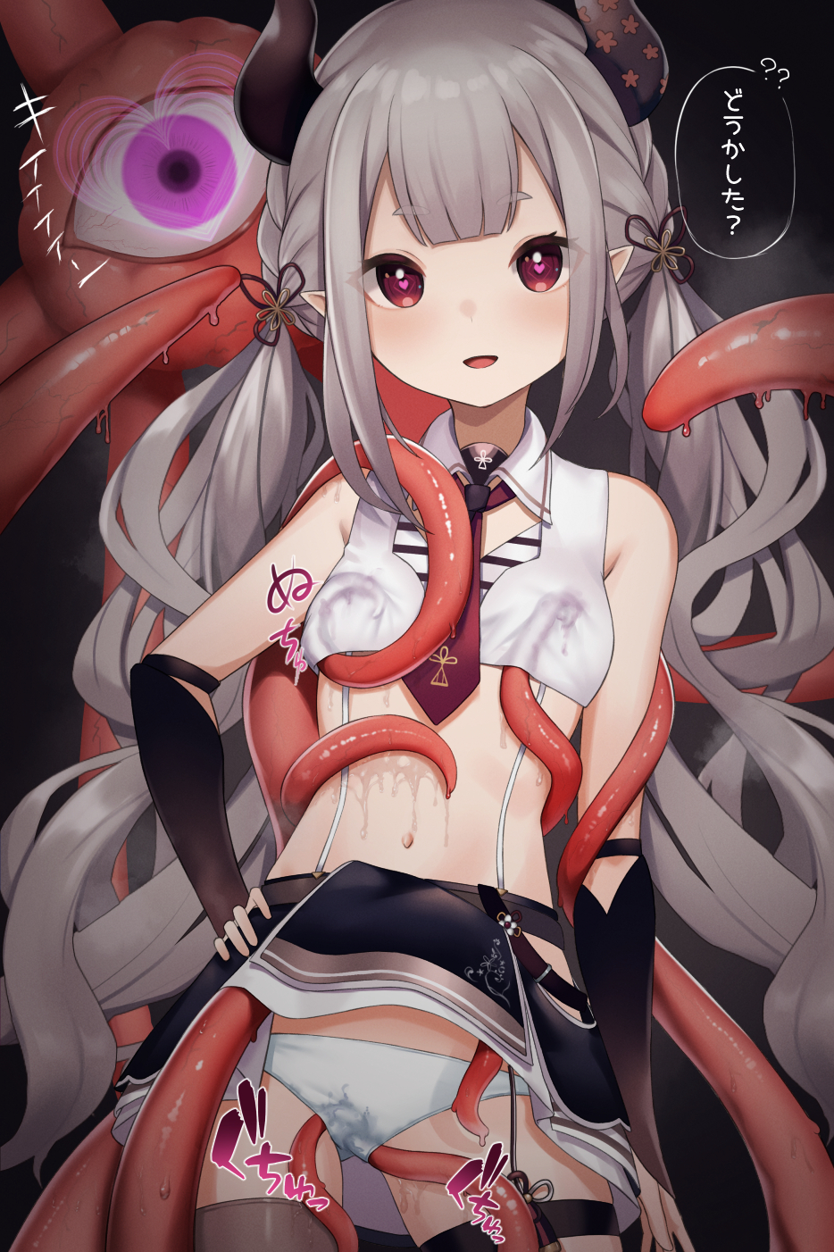 ? ?? bare_shoulders black_skirt covered_nipples detached_sleeves emor18_shikeko female flat_chest grey_hair heart heart-shaped_pupils highres horns implied_penetration long_hair looking_at_viewer midriff monster naraka_(nijisanji) navel necktie nijisanji nipple_tweak open_mouth panties pointy_ears purple_eyes sex_under_clothes skirt slimy speech_bubble symbol-shaped_pupils tentacle tentacles_under_clothes thighhighs thighlet translation_request twintails underwear virtual_youtuber white_panties