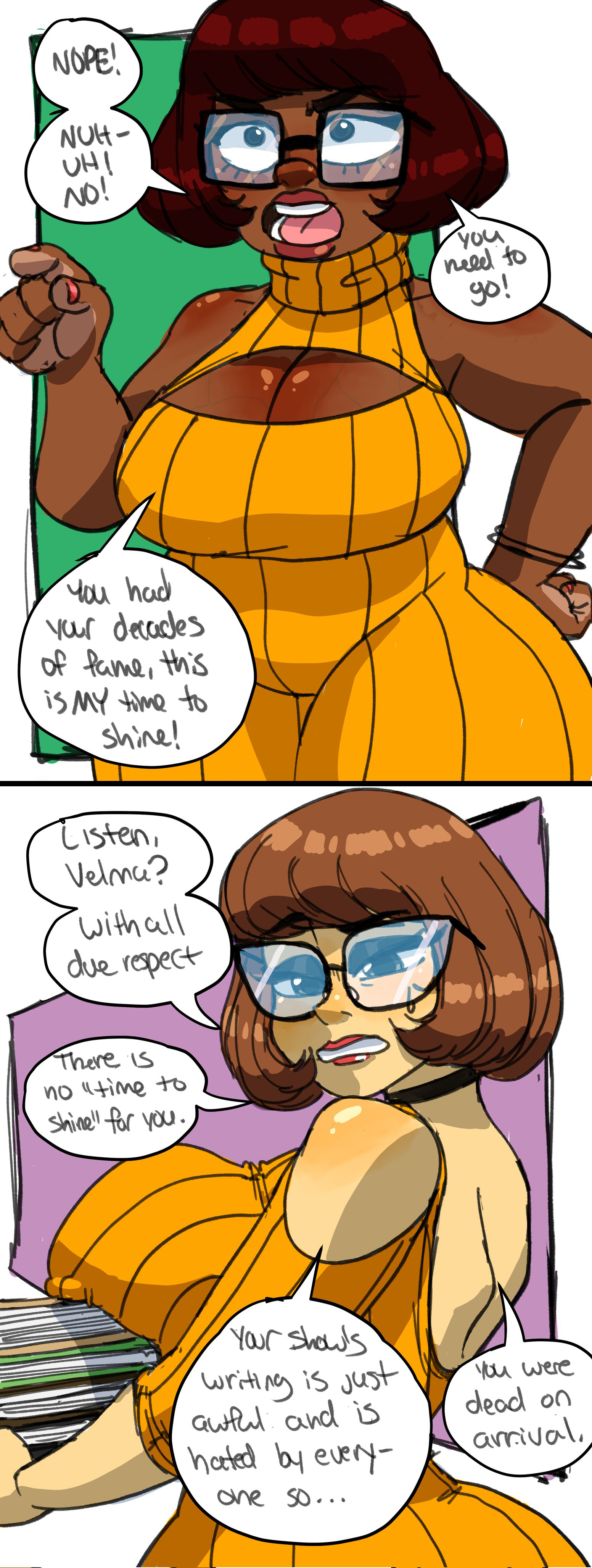 2023, bare shoulders, big breasts, boob window, bracelet, breasts, brown hair, choker, cleavage, comic, dialogue, english text, female, glasses, hanna-barbera, hourglass figure, large breasts, scooby-doo, short brown hair, short hair, sleeveless, sleeveless turtleneck, smmyart, speech bubble, sweater dress, text, turtleneck, turtleneck dress, turtleneck sweater, veiny breasts, velma (series), velma dinkley, velma dinkley (velma), wide hips