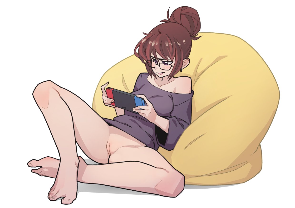 bean_bag_chair bottomless brown_hair casual_bottomless casual_exposure casual_nudity crossed_legs feet glasses lounging nintendo_switch nonsexual_nudity playing_videogame purple_eyes pussy the_pink_pirate uncensored video_game video_games