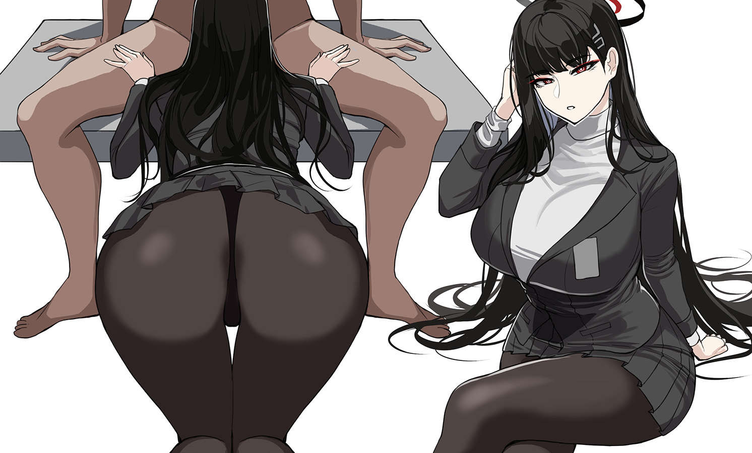 1boy, 1girls, ass, black hair, blowjob, blue archive, breasts, bubble ass, bubble butt, clothed female nude male, drogod (artist), female, halo, hips, huge ass, huge breasts, light skin, light-skinned female, long hair, male, millennium science school student, pale skin, pale-skinned female, red eyes, rio (blue archive), seminar (blue archive), seminar president, student council president, thick thighs, thighs, wide hips