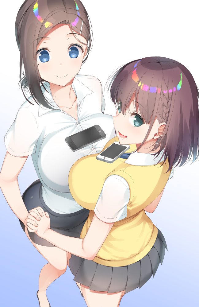 2girls ai-chan_(tawawa) asahina_hikage blue_background blue_eyes braid breast_press breasts brown_hair female female_only getsuyoubi_no_tawawa gradient_background green_eyes hair_ornament hairclip holding_hands kouhai-chan_(tawawa) large_breasts long_hair looking_at_viewer looking_up mole mole_under_eye multiple_girls skirt symmetrical_docking tawawa_challenge thighs white_background