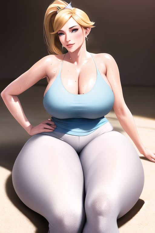 ai_generated bimbo blonde_hair blue_tank_top cleavage curvaceous curvy curvy_figure golden_eyes hand_on_hip huge_breasts huge_hips leggings looking_at_viewer mario_(series) massive_thighs nai_diffusion ponytail princess_rosalina shiny_clothes shiny_hair shiny_skin stable_diffusion tank_top thick_thighs thunder_thighs voluptuous white_leggings wide_hips