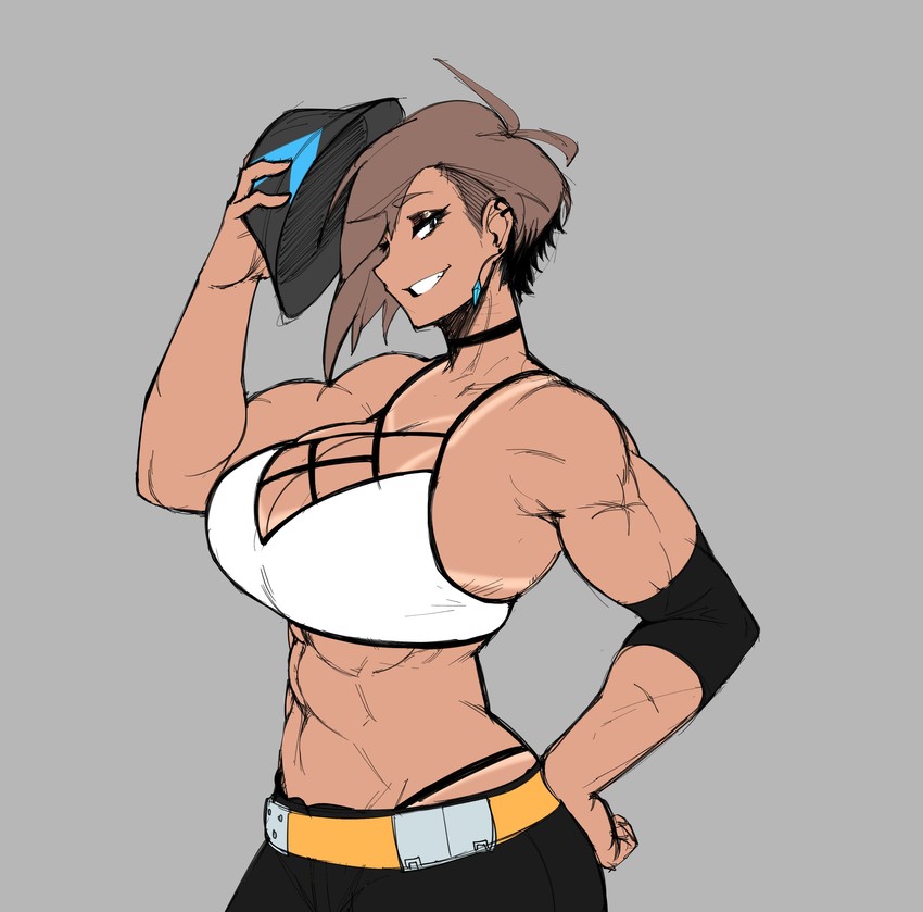 1girls 2d abs black_choker black_eyeliner black_hat blue_earrings bra breasts brown_hair chocker choker earrings fedora female female_only grey_background hat holding_hat holding_object jewelry looking_at_viewer lyuka muscular muscular_female pants sarella_(lyuka) simple_background sketch smile smiling solo solo_female standing tan-skinned_female tan_body tan_skin tanline white_bra