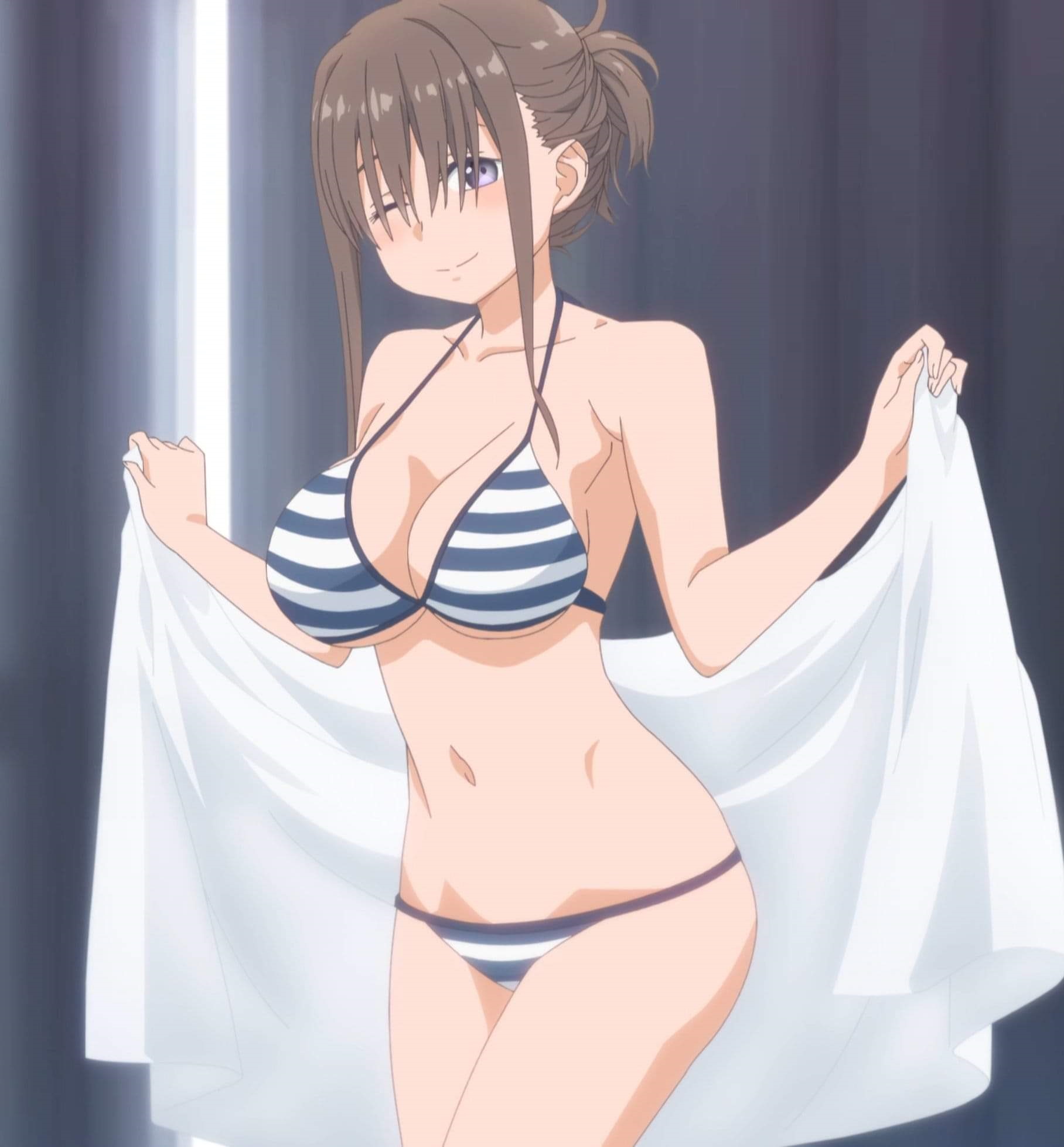 bare shoulders, bikini, blue bikini, breasts, brown hair, cleavage, female, getsuyoubi no tawawa, grey eyes, hair between eyes, highres, large breasts, looking at viewer, maegami-chan (tawawa), navel, one eye closed, screencap, sideboob, sidelocks, smile, solo, stitched, stomach, striped, striped bikini, swimsuit, thighs, third-party edit, towel, underboob, white bikini, wink