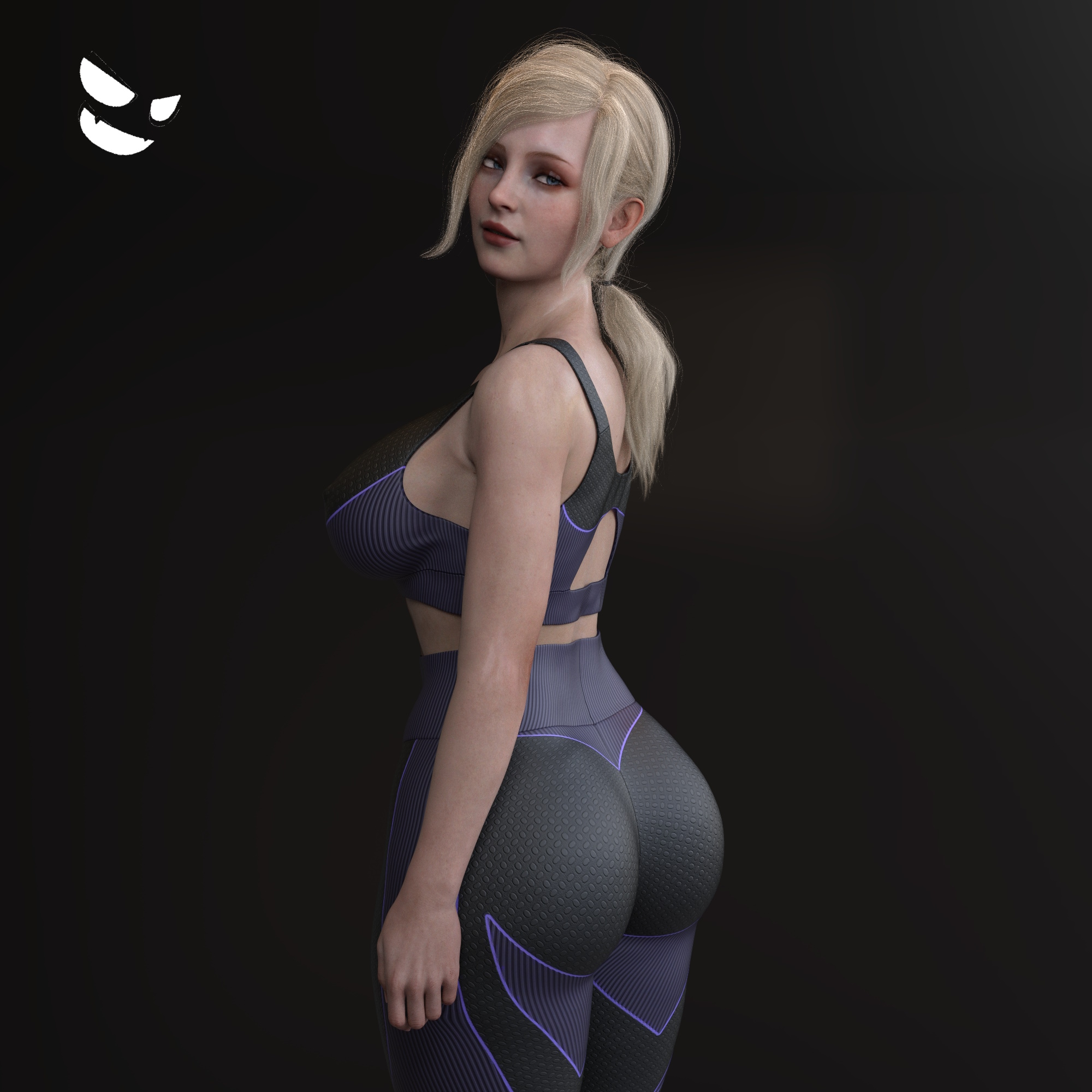 1girls, 3d, ashley graham, ashley graham (ella freya), ass, big ass, big breasts, blonde hair, breasts, capcom, electronics, female, female only, gm studios, pale skin, ponytail, resident evil, resident evil 4, resident evil 4 remake, sports bra, thick thighs, yoga pants