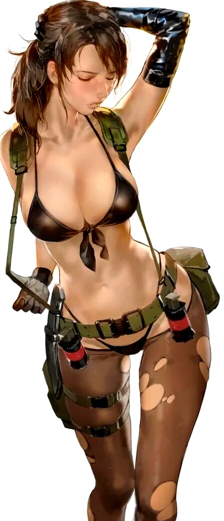 brown hair, cleavage, female, female only, fully clothed, gloves, konami, metal gear solid, pantyhose, quiet (metal gear), revealing clothes, skimpy clothes, tagme, thong, torn clothes, utility belt
