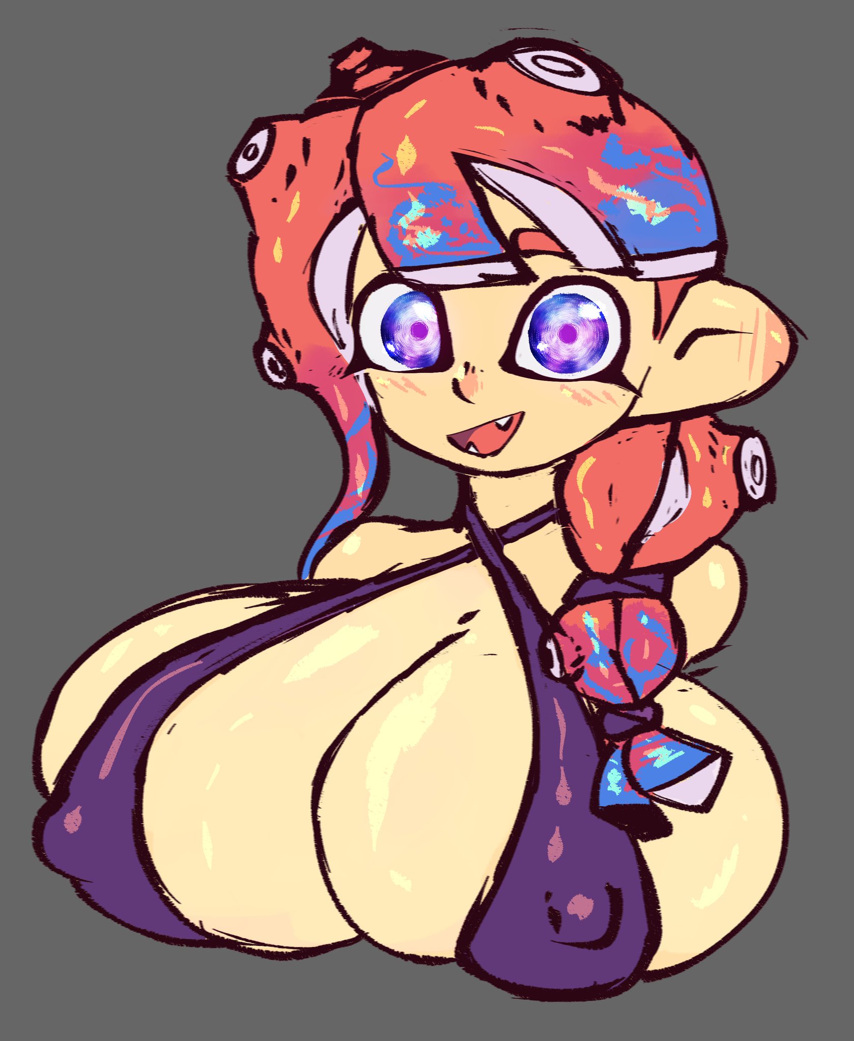 big breasts, blank background, blue hair, breasts, breasts bigger than head, bust, female, huge breasts, light skin, looking at viewer, octoling, octoling girl, purple eyes, red hair, sharp teeth, smiling, splatoon, tied hair, tight bikini, wolflance