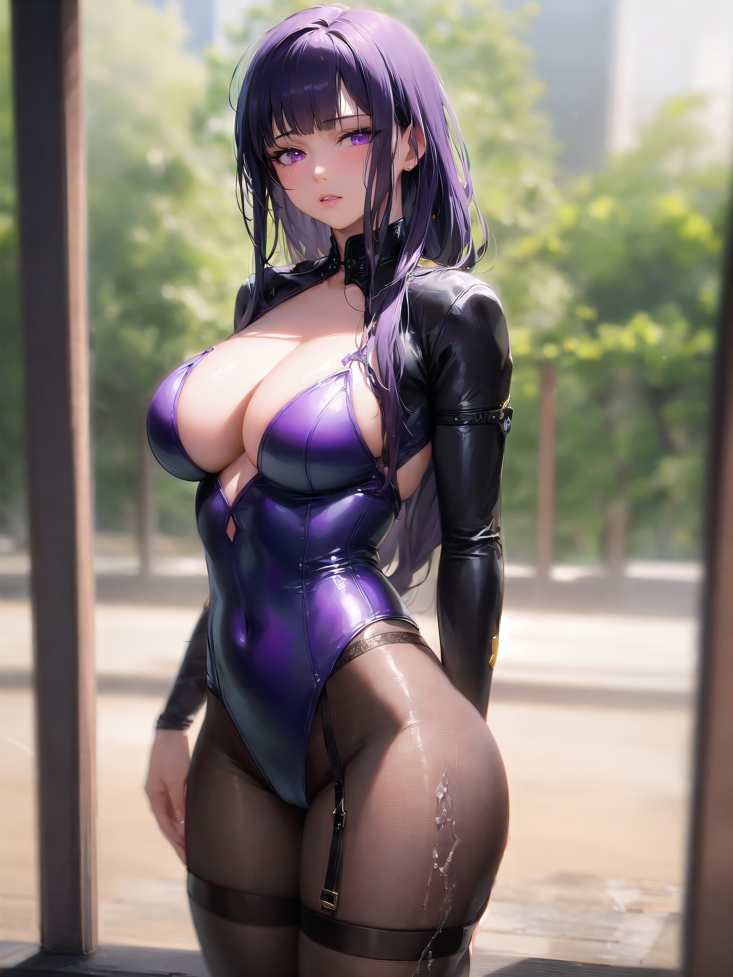 1girls, ai generated, curvy, curvy body, curvy figure, female, genshin impact, hi res, legwear, leotard, long hair, mihoyo, raiden shogun, seductive look, solo, solo female, stable diffusion, violet hair