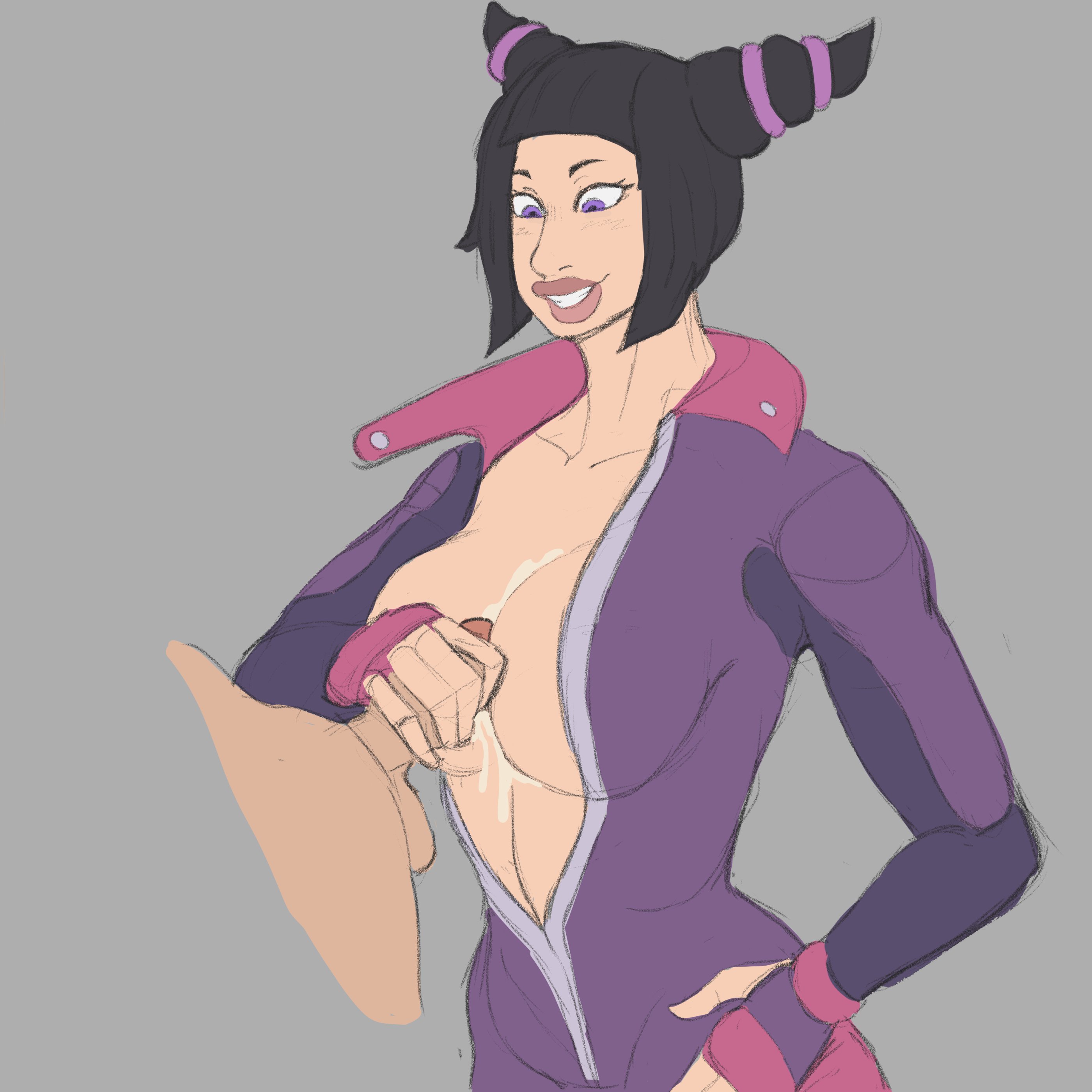 black hair, bodysuit, breasts, cum, cumming, female, gloved handjob, handjob, jumbogumbo, juri han, light skin, light-skinned female, paizuri, purple eyes, street fighter, tagme