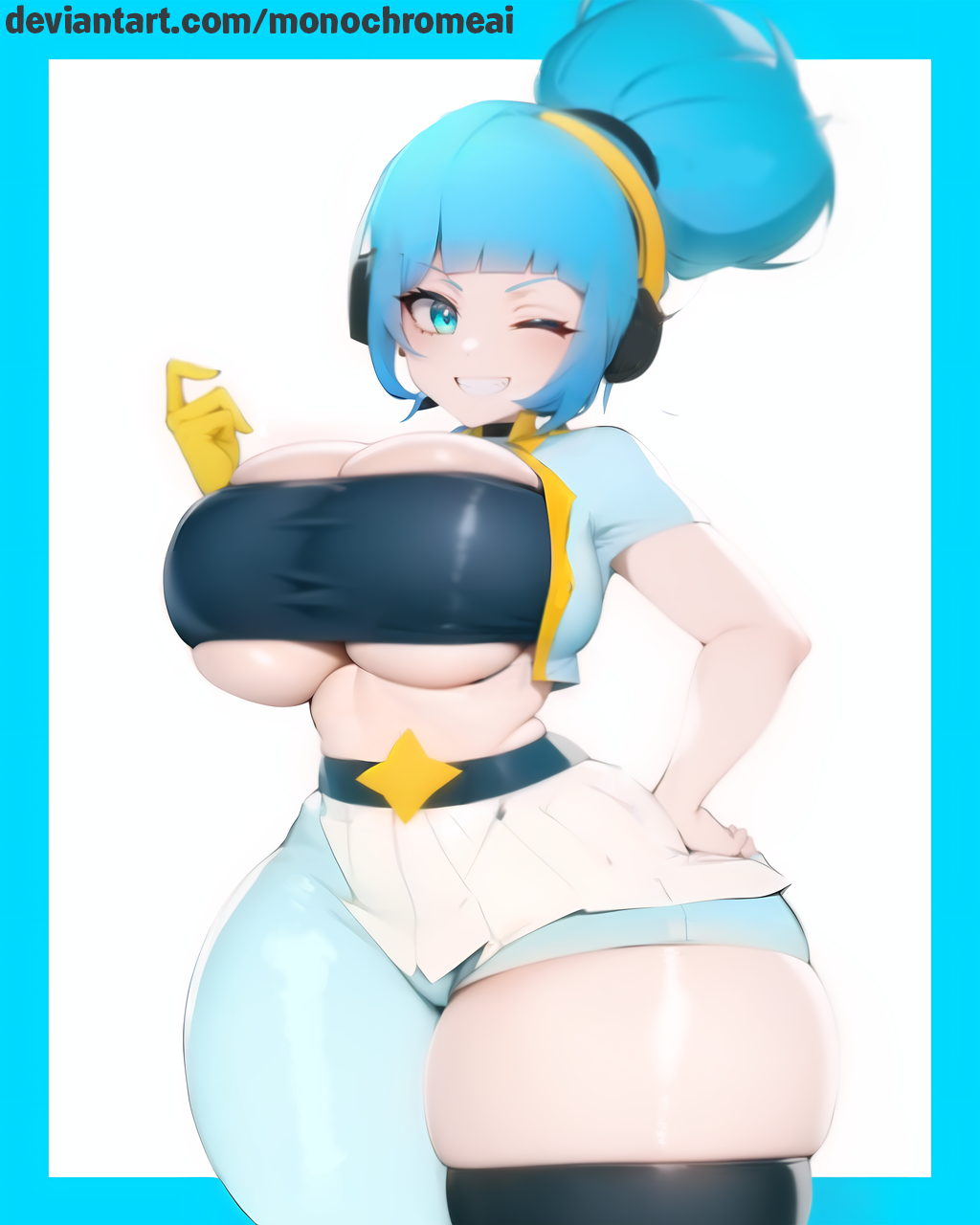 ai_generated big_breasts blue_hair brawl_stars deviantart_url huge_thighs janet_(brawl_stars) monochrome_ai popstar_janet thick_thighs tight_clothing