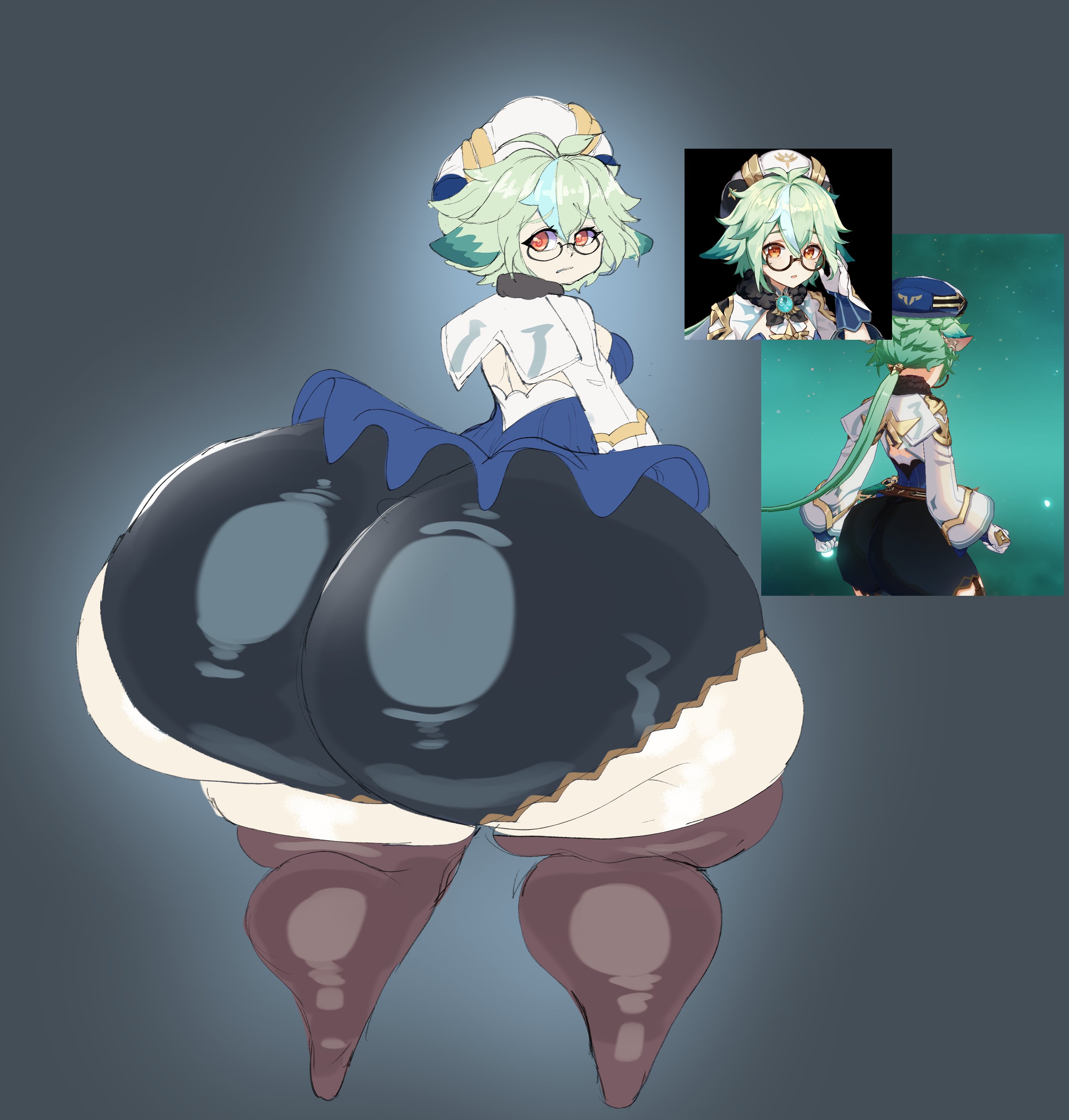 1girls, ass, ass bigger than body, ass bigger than head, ass body, big ass, bottom heavy, breasts, bubble ass, bubble butt, clothing, fat ass, female, female only, genshin impact, gigantic ass, glasses, green hair, hat, huge ass, hyper, hyper ass, large ass, looking at viewer, looking back, massive ass, motylek, reference image, solo, sucrose (genshin impact), thick ass, thick thighs, thighhighs, wide hips