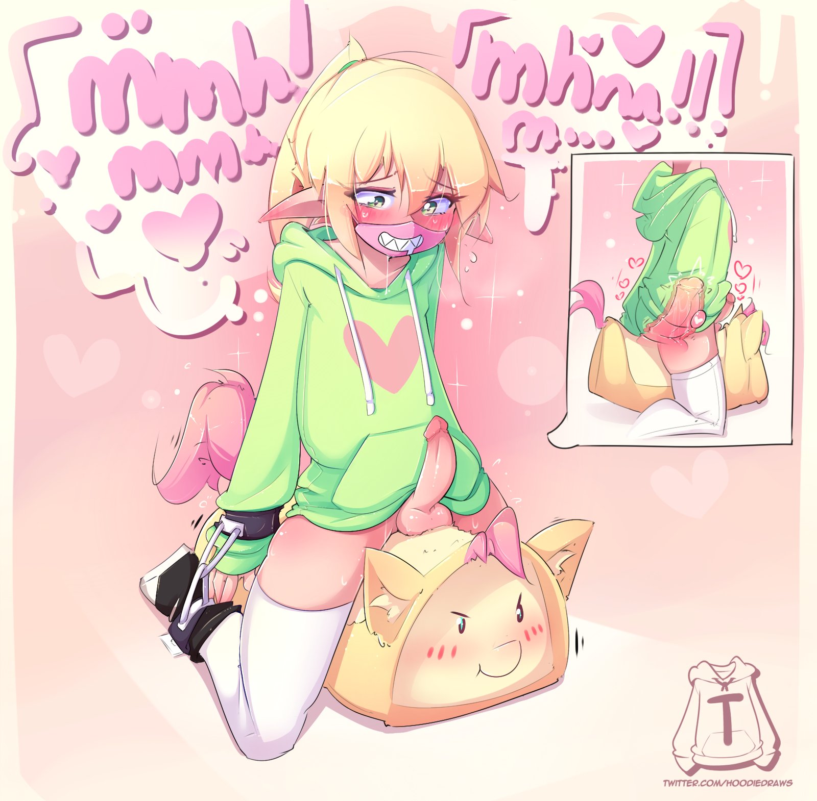 1boy, blonde hair, blush, blushing, bondage, bottomless, bottomless male, elf ears, eyes open, femboy, hoodie, hoodie (artist), male, male only, malesub, max (hoodie), medical mask, orgasm face, penis, riding, straddling, sybian, tagme, thigh highs, thighhighs, tied to floor, vibrator, vibrator in ass, wrists to ankles, x-ray