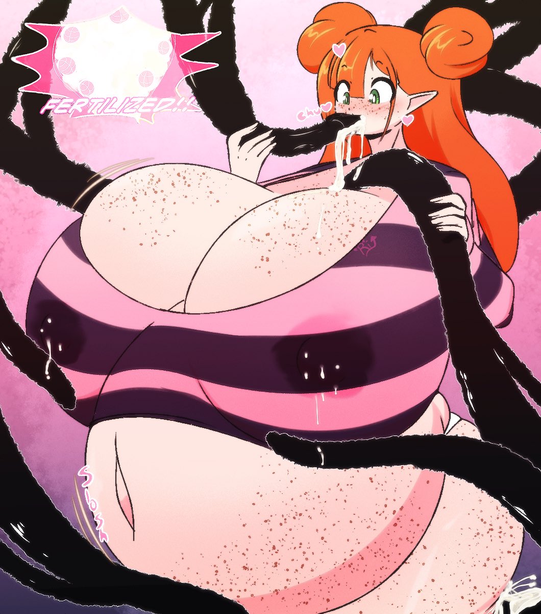 breast_milk cum cum_in_mouth elf fellatio freckles ginger huge_belly huge_breasts hyper_pregnancy orange_hair pregnant riley_moore_(artist) rilli_oshina tentacle