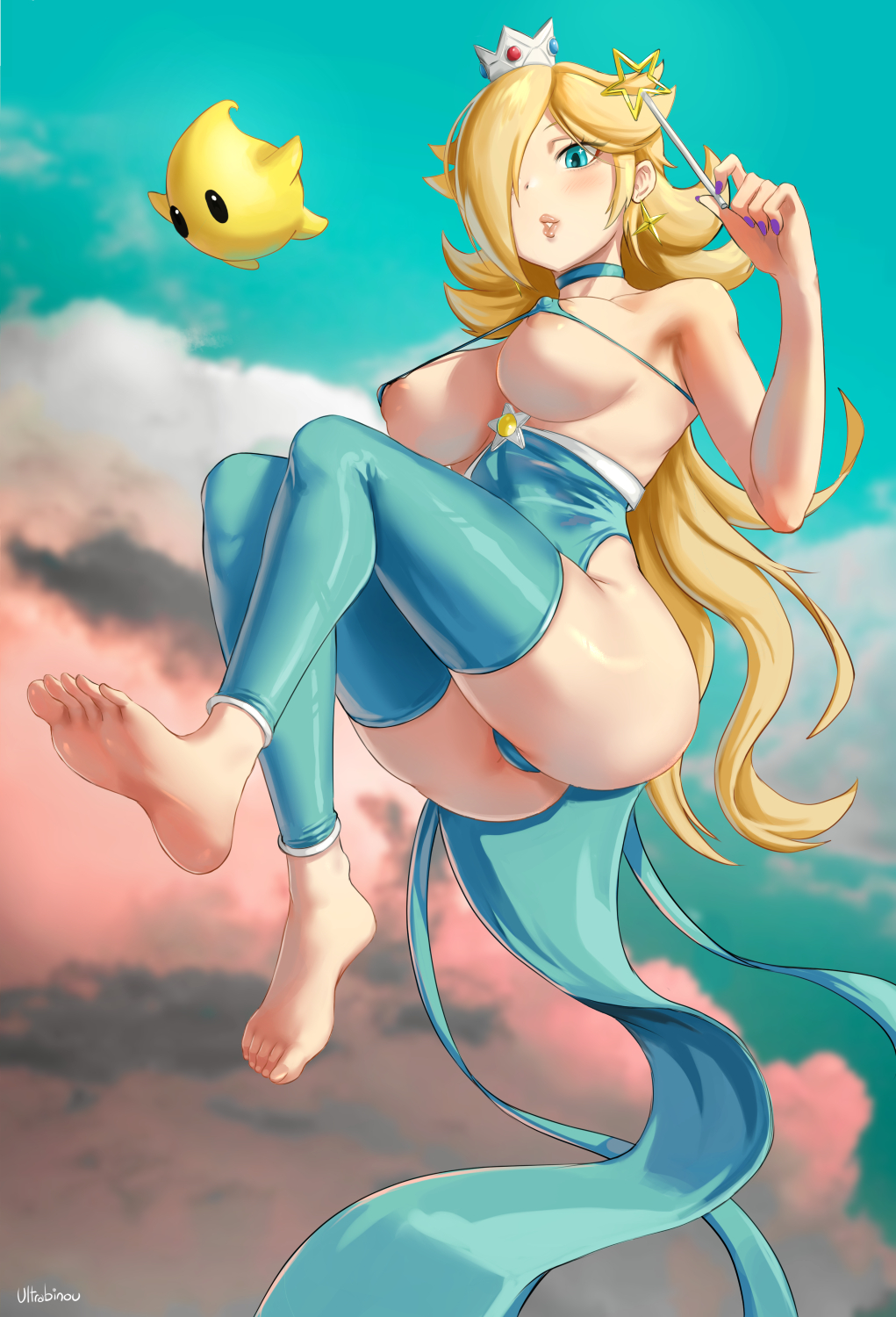 1girls, barefoot, bikini, blonde hair, blue eyes, choker, crown, earrings, feet, female, floating, long hair, luma, magic wand, mario (series), micro bikini, nintendo, princess rosalina, purple nails, soles, super mario galaxy, swimsuit, toes, ultrabinou