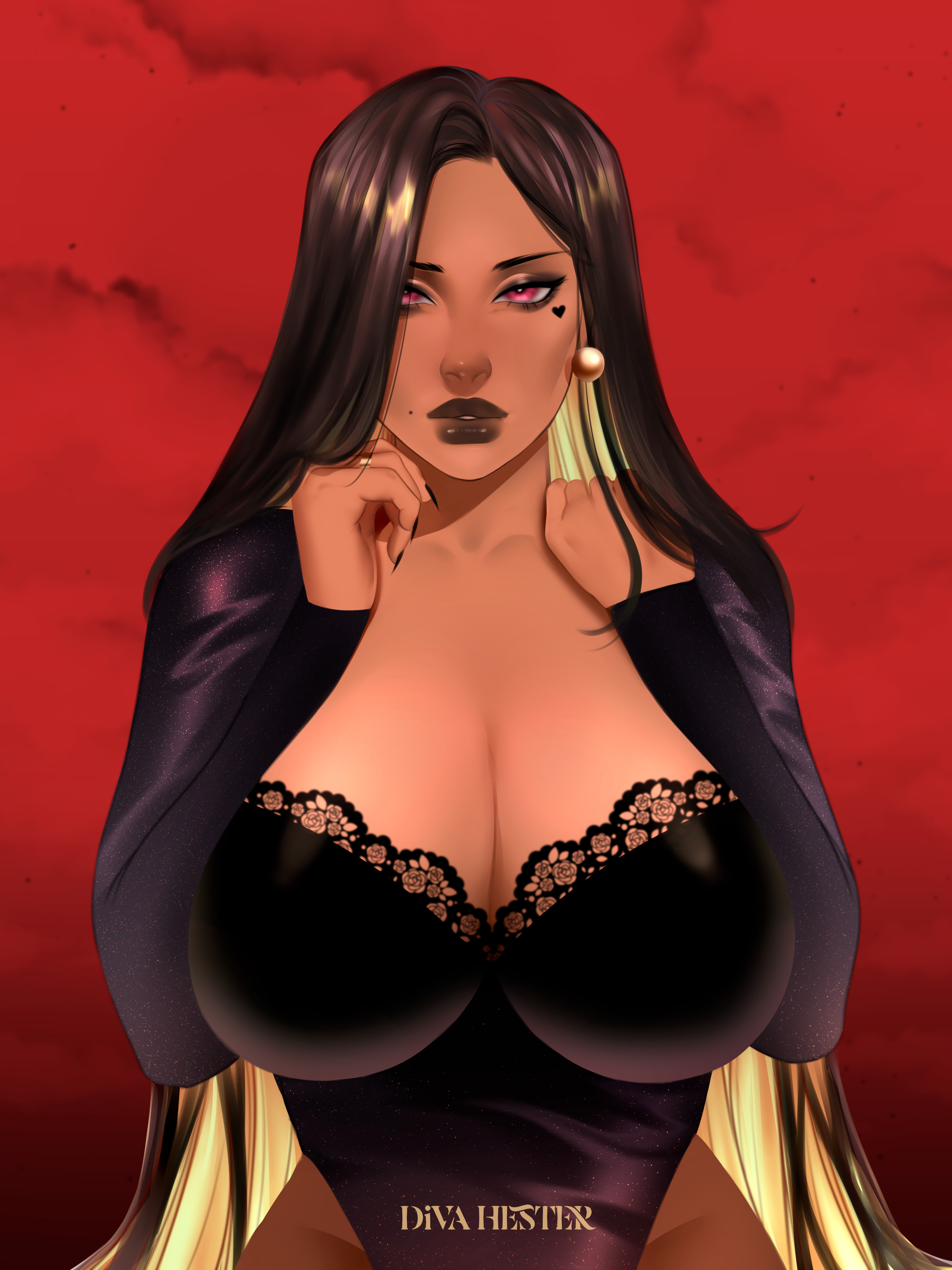 1girls, absurd res, big breasts, black hair, black lipstick, blonde hair, breasts, cleavage, dark skin, dark-skinned female, divahester, dress, earrings, female, female only, heart tattoo, long hair, looking at viewer, milf, pink eyes, red background, solo, sona (cinnabus), tattoo, tattoo under eye, two-tone hair