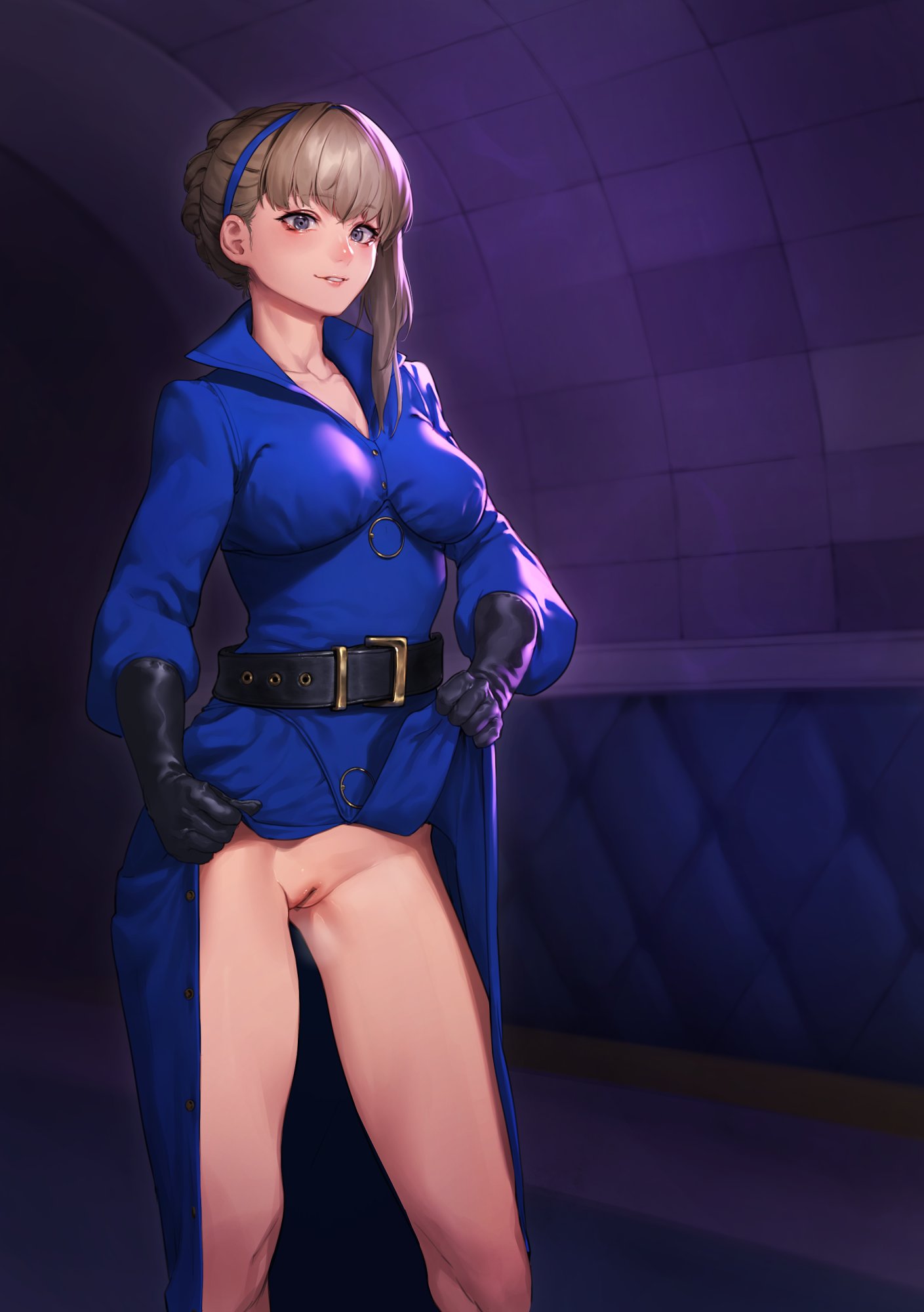 1girls bar_censor beeeeen belt belt_buckle black_belt black_gloves blue_clothing blue_dress blue_hairband braid breasts brown_hair buckle censored clothes_lift dress dress_lift female female_only flashing gloves grey_eyes hairband highres large_breasts long_legs megami_tensei merope_(persona) no_panties persona persona_5 persona_5:_the_phantom_x presenting presenting_pussy pussy thighs