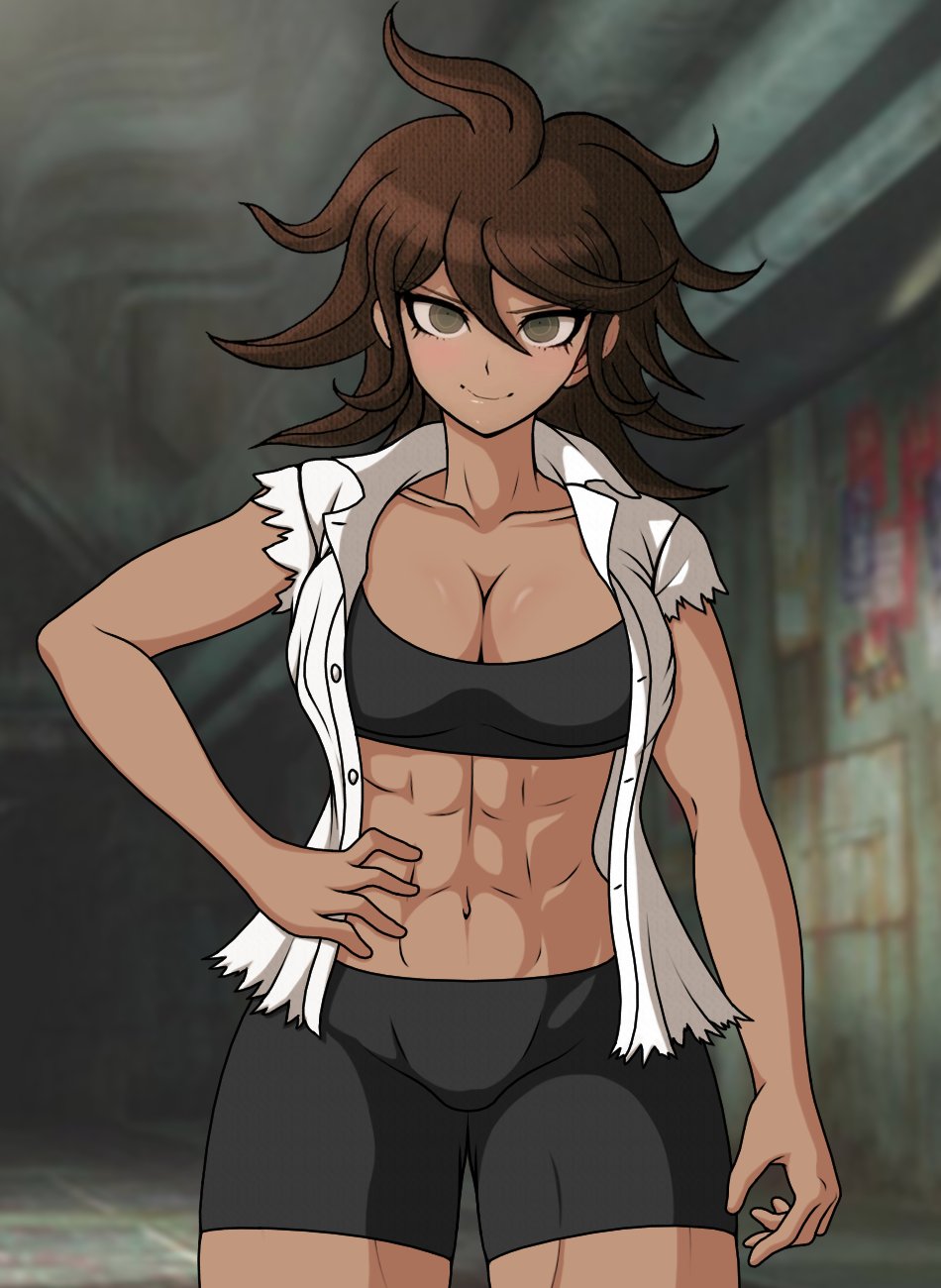 accurate art style, breasts, brown hair, cheeeeeeeeeeeeen, clothed, clothed female, danganronpa, danganronpa 2: goodbye despair, dark skin, dark-skinned female, female, female only, fully clothed, huge breasts, large breasts, muscular, muscular female, owari akane, sprite edit, straight hair