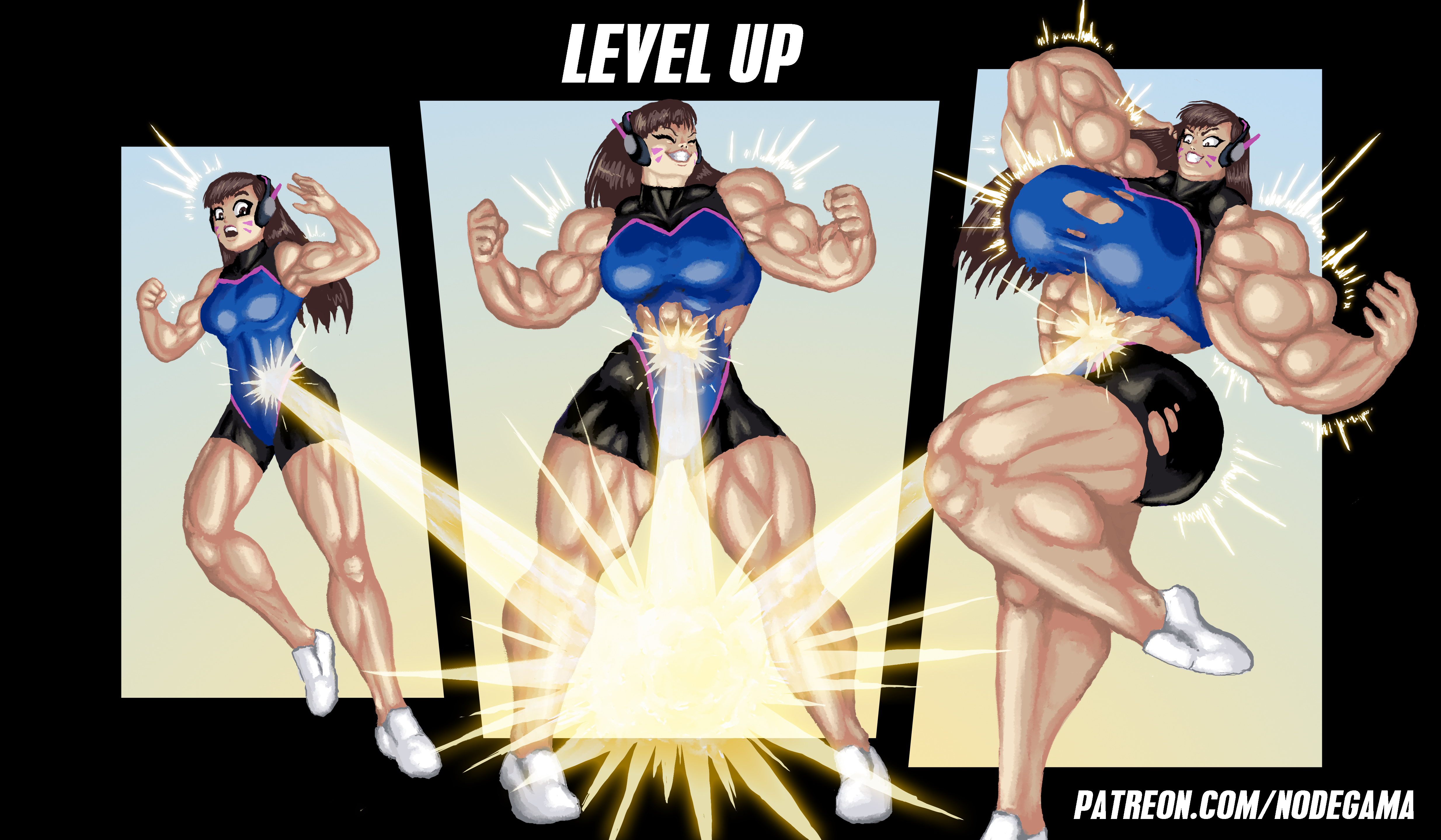ass, ass expansion, breast expansion, breast growth, breast growth (enlargement), breasts, corruption, d.va, female, huge ass, huge breasts, identity death, muscle growth, muscles, muscular, muscular female, nodegama, overwatch, thick thighs, transformation, transformation sequence, wide hips