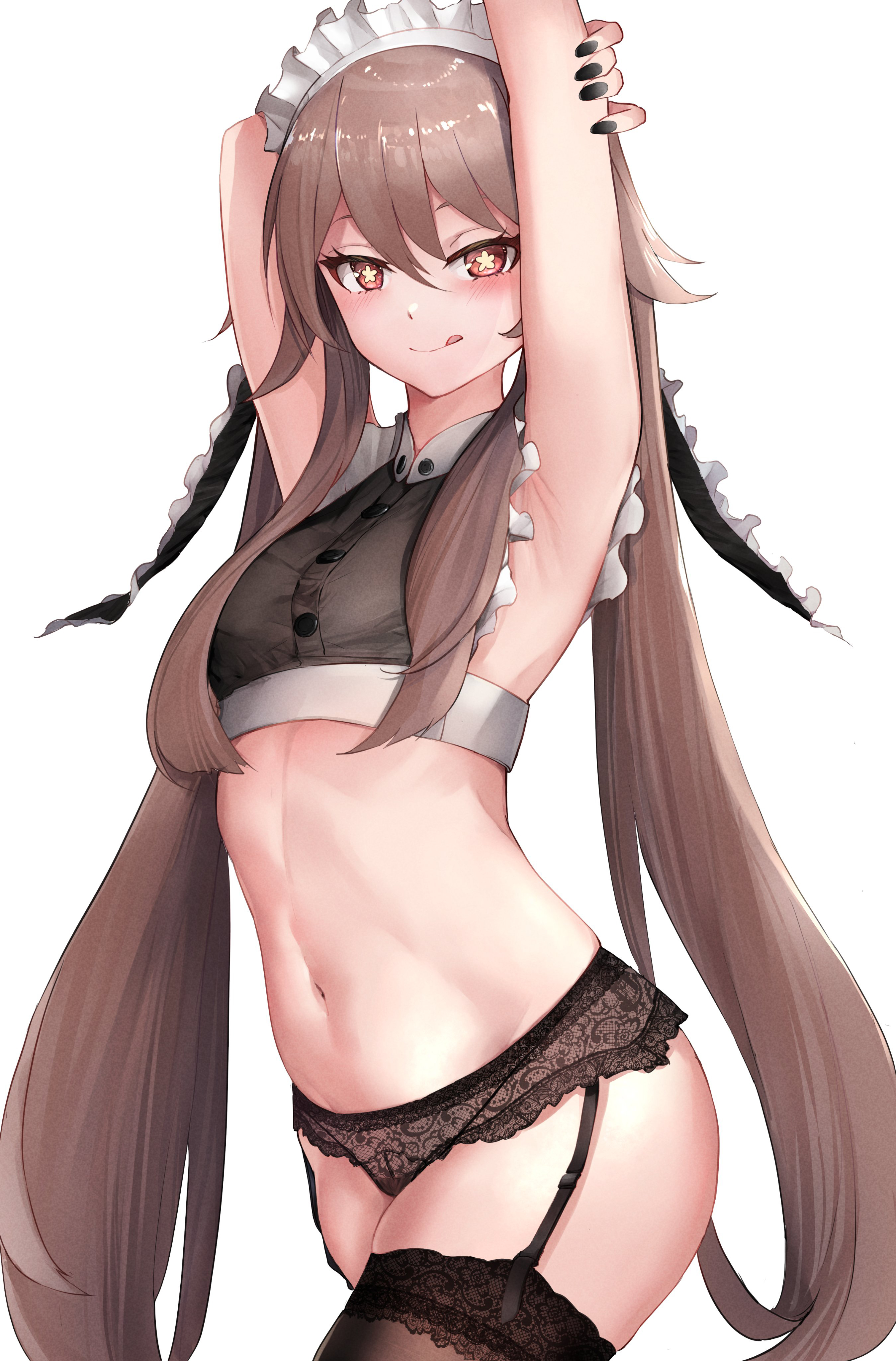 armpits, black nails, brown hair, cheeky, cute, female, garter belt, genshin impact, horny, hoyoverse, hu tao (genshin impact), lingerie, long hair, mihoyo, perfect body, red eyes, solo, solo female, stockings, suggestive, thick thighs, tongue, tongue out, twintails, very long hair, wide hips