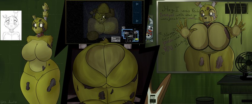 1girls, animatronic, anthrofied, ass, big ass, big breasts, boobs, breast squeeze, breast squish, breasts, chubby, desesperadoleon, dialogue, fazbear frights (location), female, female only, five nights at freddy's, five nights at freddy's 3, huge ass, huge breasts, humanoid, looking at another, machine, nude, rabbit, robot, rule 63, scottgames, solo, springtrap, springtrap (fnaf)