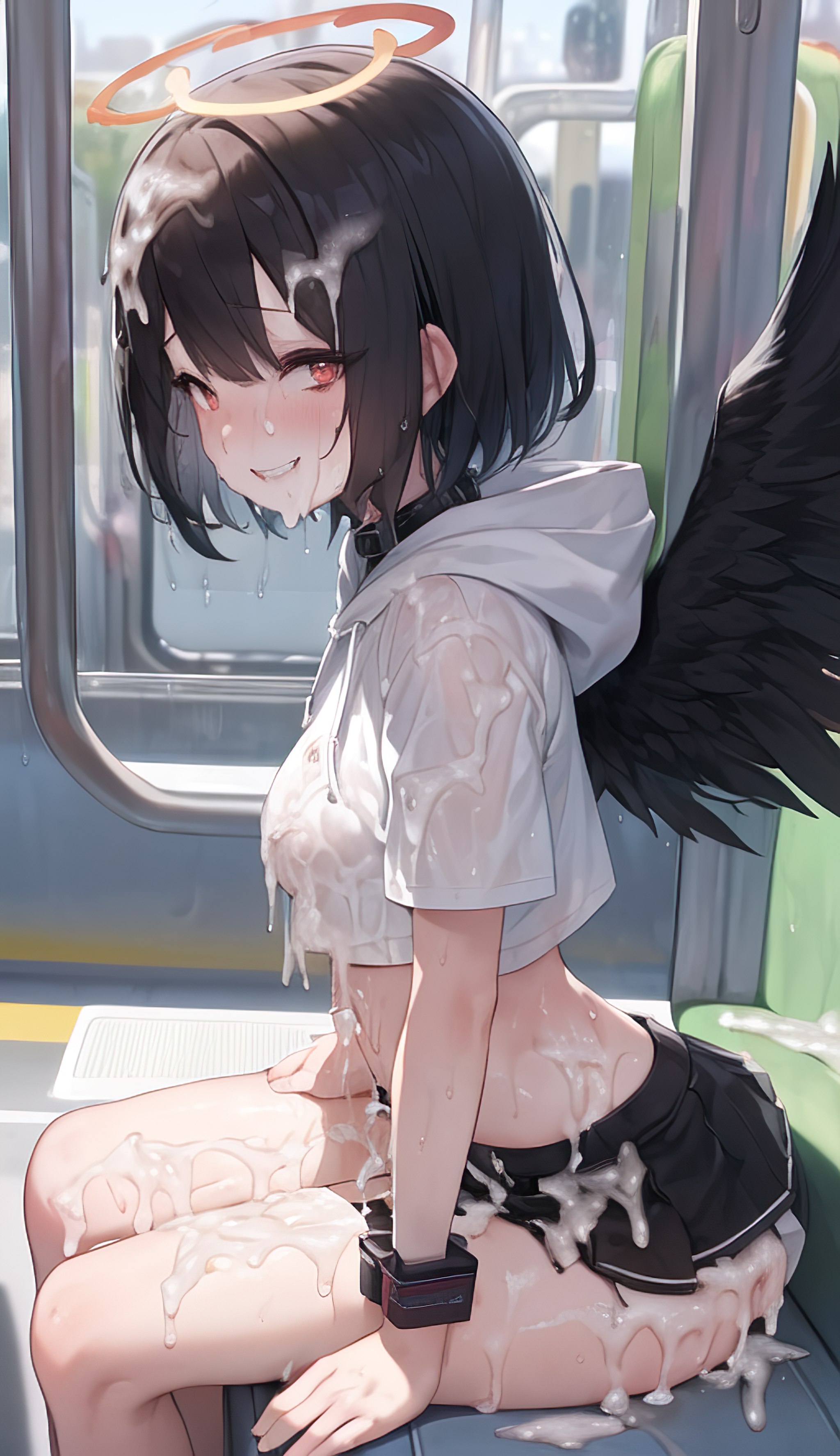 after sex, ai generated, black hair, black wings, breasts, collar, cum, cum drip, cum in pussy, cum on body, cum on breasts, cum on clothes, female, glasses, halo, looking at viewer, open clothes, pussy, red eyes, short hair, sitting, smile, train