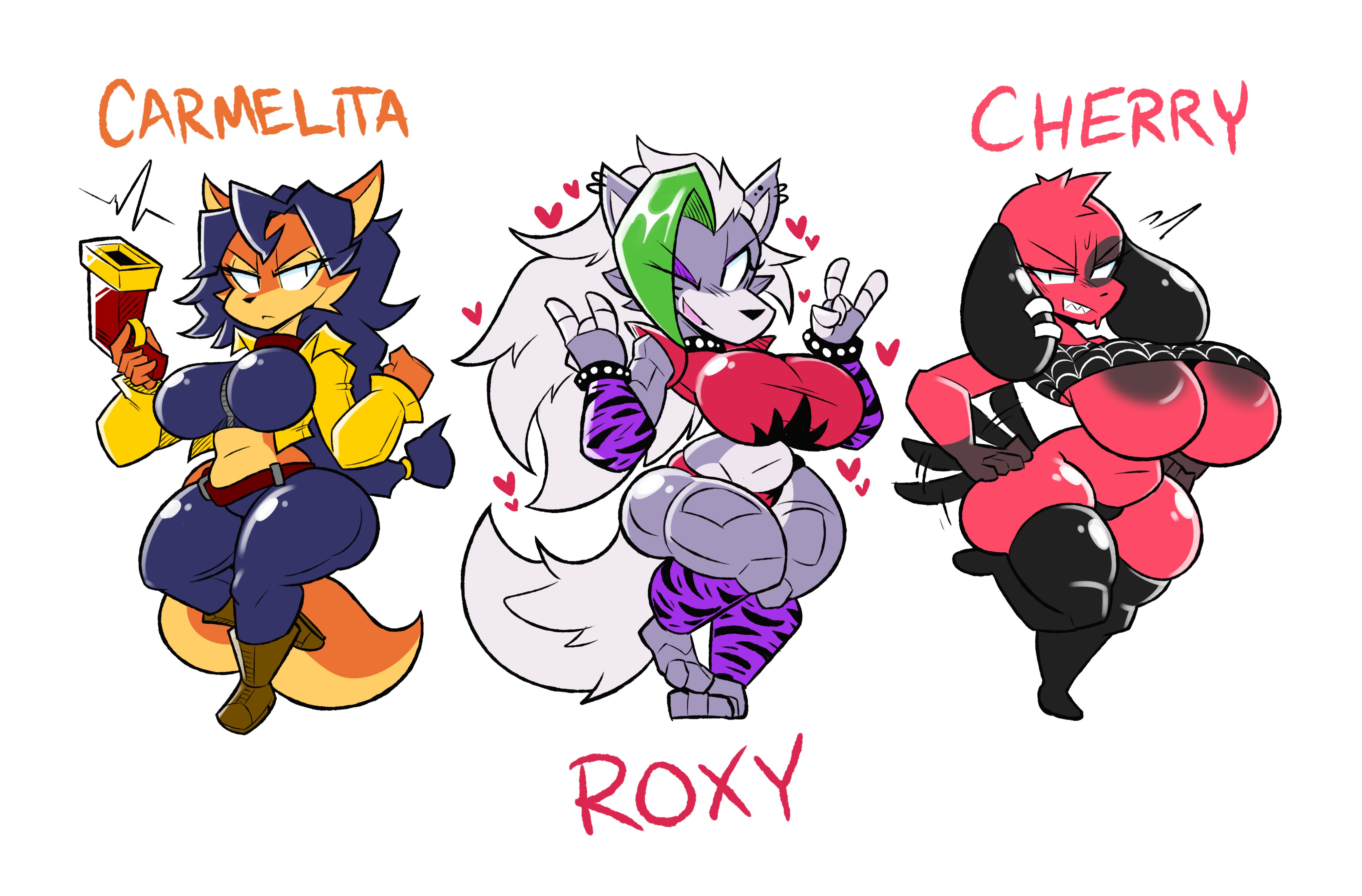 2d, 2d (artwork), 2d artwork, 3girls, animal crossing, big breasts, breasts, carmelita fox, cherry (animal crossing), female, five nights at freddy's, five nights at freddy's: security breach, fnaf, gun, multiple females, multiple girls, nonarycubed, rockstar, roxanne wolf (fnaf), scottgames, shock pistol, sly cooper (series), steel wool studios, thick thighs, wide hips
