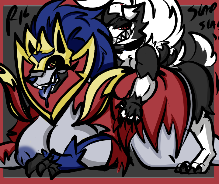 anthro anthro_only breasts doggy_style duo female from_behind_position generation_7_pokemon generation_8_pokemon legendary_pokemon lycanroc male male/female midnight_lycanroc moan nintendo pokemon pokemon_(species) r_(r_96) roder_vasquez sex size_difference slap small_dom_big_sub smile zamazenta