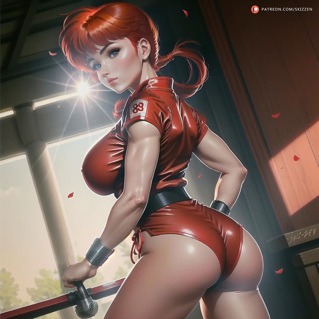 ai_generated ass big_ass big_breasts big_butt blue_eyes boobs_and_butt_pose breasts cherry_blossoms chinese_clothes dojo fit fit_female lense_flare looking_back patreon patreon_username ponytail ranma-chan ranma_1/2 ranma_saotome red_hair red_shirt skin_tight skizzen stable_diffusion training