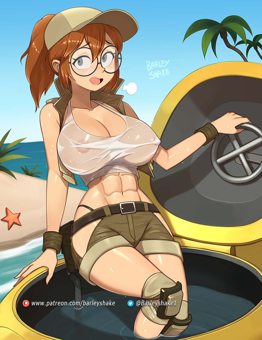 1girls, abs, areola, areolae, areolae visible through clothing, artist name, artist signature, barleyshake, baseball cap, beach, big breasts, blue sky, breasts, brown hair, busty, cap, cleavage, covered nipples, curvy, day, daytime, female, female focus, female only, fio germi, glasses, grey eyes, hat, headwear, island, large breasts, light skin, light-skinned female, metal slug, nipples, nipples visible through clothing, ocean, open mouth, outdoors, outside, ponytail, round eyewear, round glasses, see-through, shorts, smile, smiling, solo, solo female, solo focus, starfish, tagme, tank top, thighs, toned, toned female, tree, voluptuous, water, wet, wet body, wet clothes, wet skin