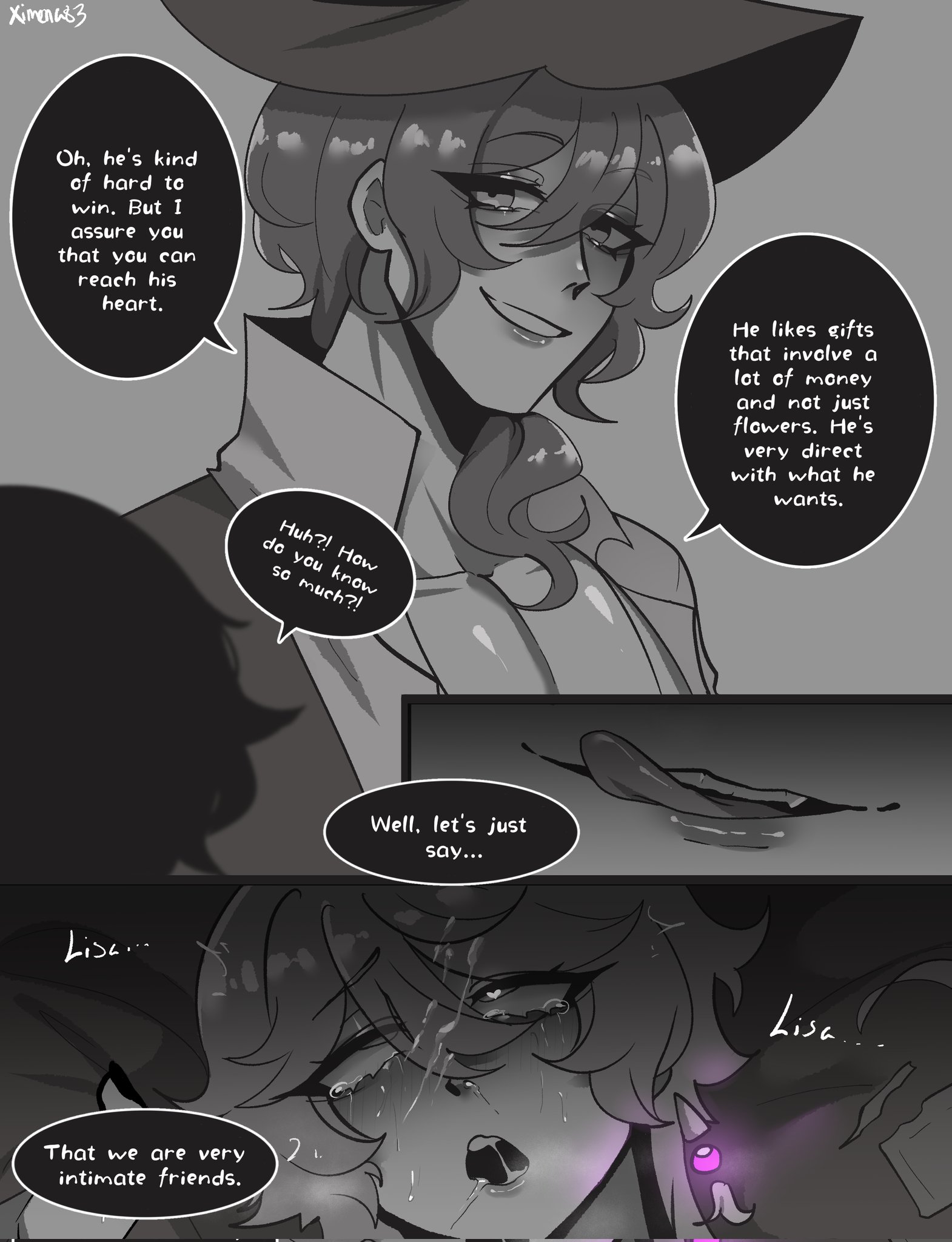 3boys, aether (genshin impact), amber (genshin impact), black and white, comic, comic page, female, gay, gay male, genshin impact, lisa (genshin impact), male, male only, ximena83, yaoi