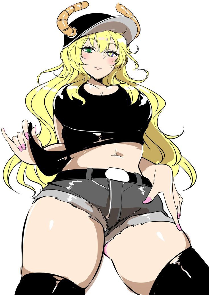 1girls, artist request, blonde hair, blush, breasts, cap, female, green eyes, horns, light skin, light-skinned female, long hair, miss kobayashi's dragon maid, pink nails, quetzalcoatl (dragon maid), shorts, simple background, tank top, thick thighs, thighhighs, thighs, unknown artist, white skin