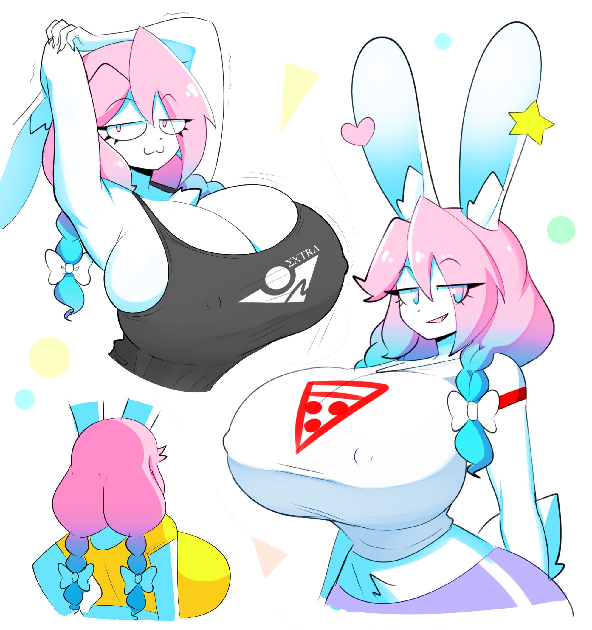 :3, anthro, anthro only, big breasts, braids, breasts, bunny ears, busty male, female, huge breasts, hyper breasts, male, male with breasts, peanut butter (theycallhimcake), theycallhimcake