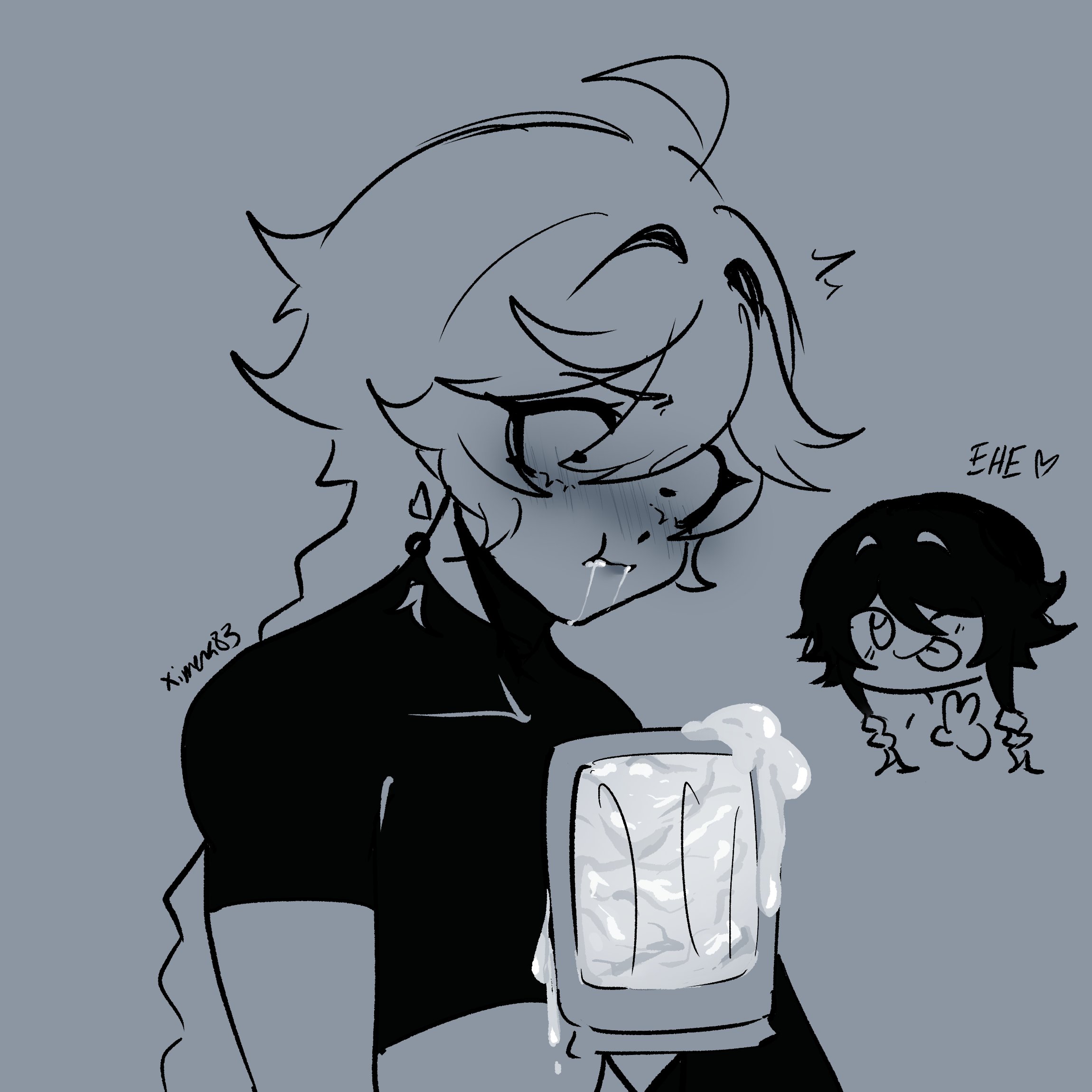 1boy, aether (genshin impact), chibi, drinking cum, drinking glass, gay, gay male, genshin impact, male, male only, venti (genshin impact), ximena83, yaoi